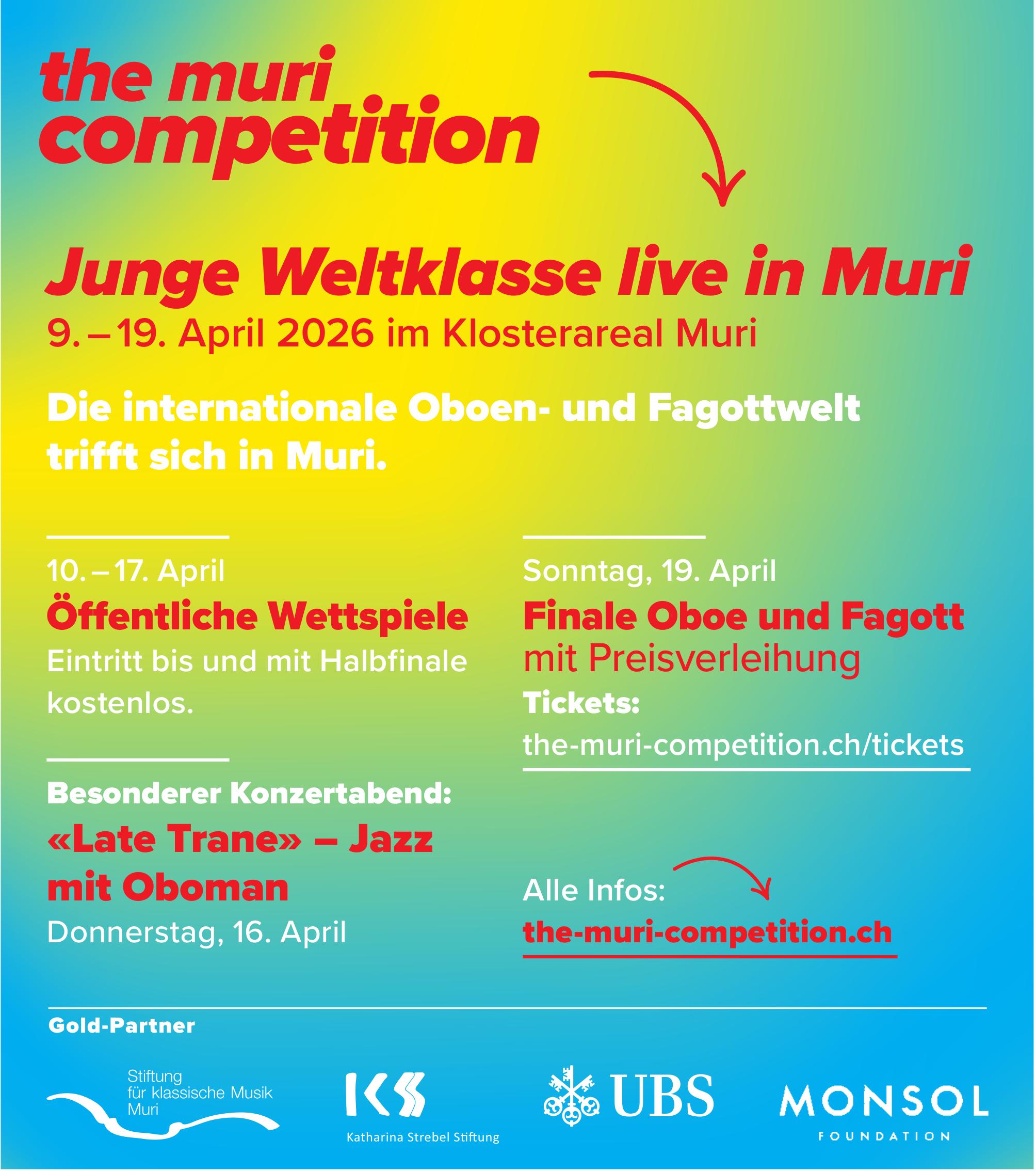 the muri competition - Junge Weltklasse live in Muri, 9.-19. April, Klosterareal Muri