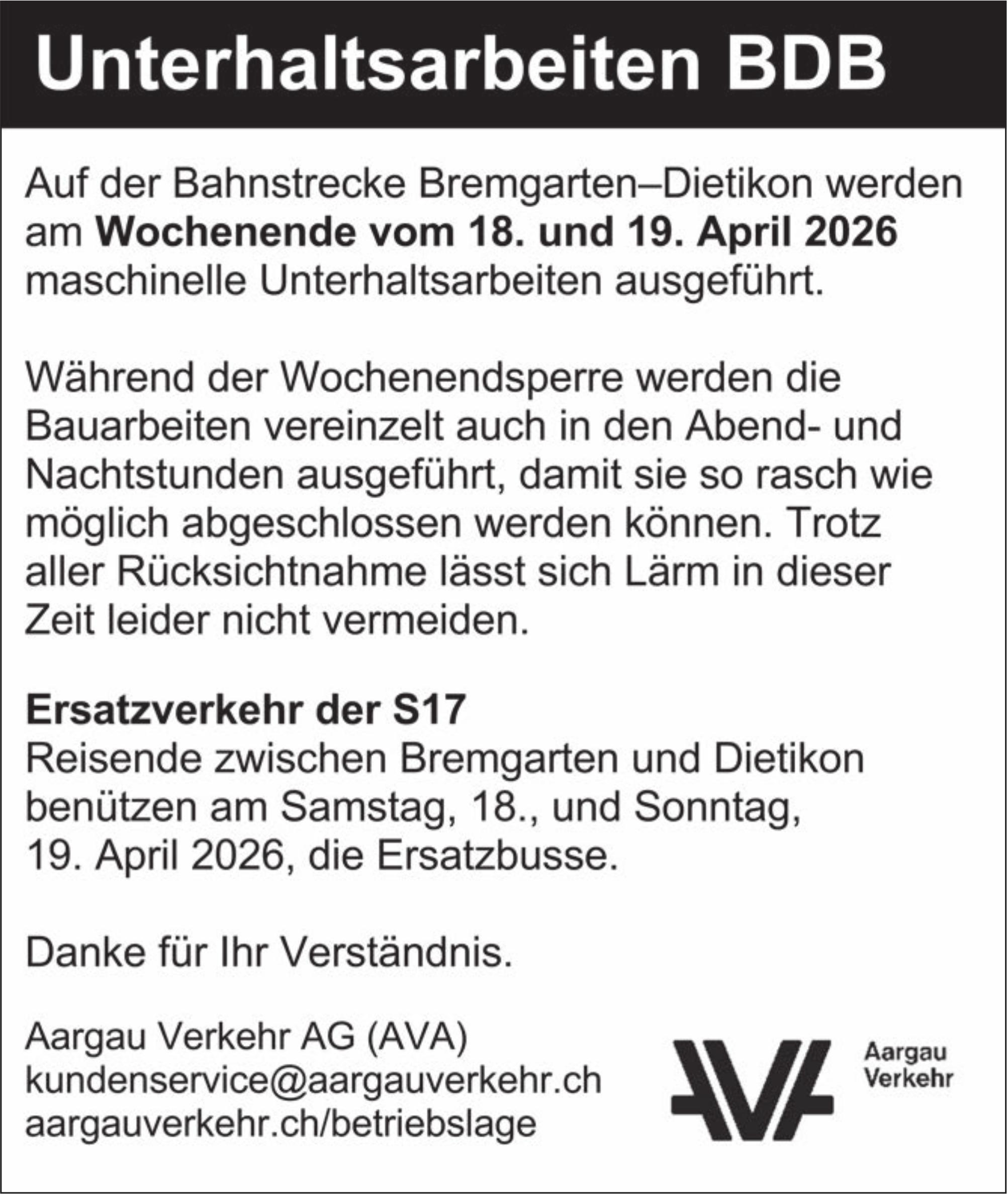 Verkehrsmaßnahmen / Wartungsarbeiten, Aargau Verkehr AG (AVA), Unterhaltsarbeiten BDB, 18. & 19. April