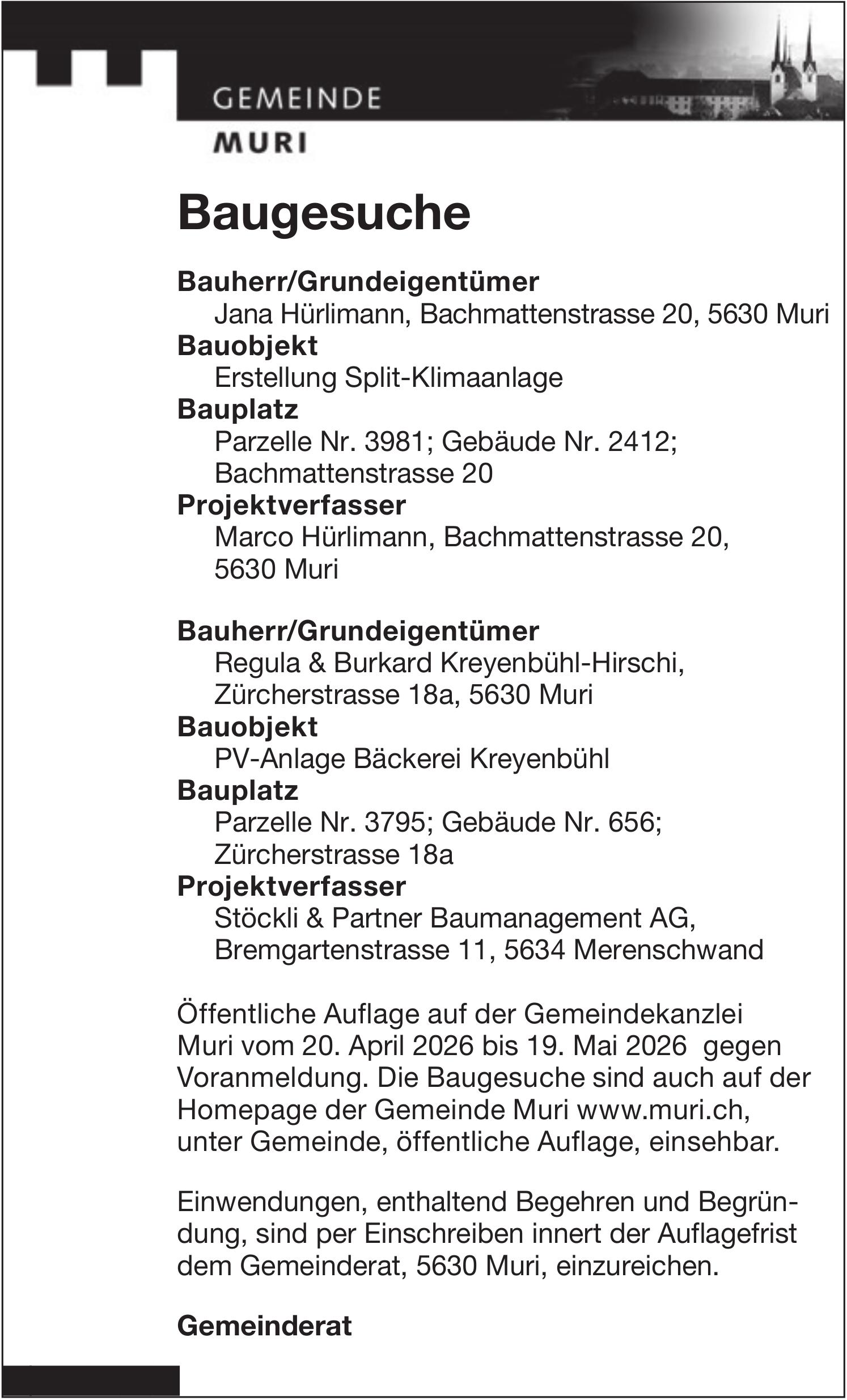 Baugesuche, Gemeinde Muri, Jana Hürlimann / Regula & Burkard Kreyenbühl-Hirschi