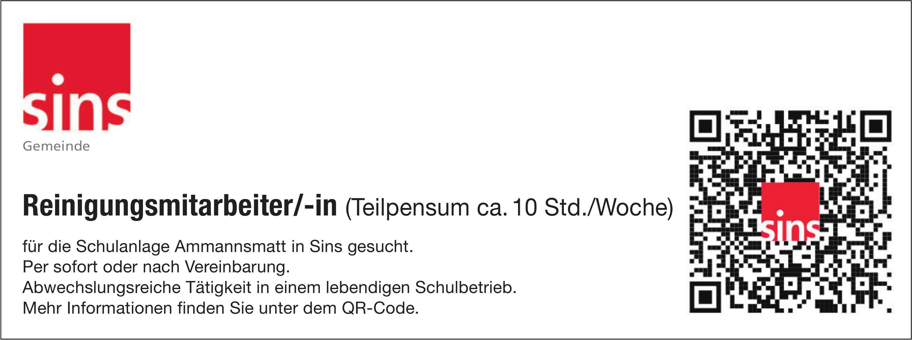Reinigungsmitarbeiter/-in (Teilpensum ca.10 Std./Woche), Gemeinde Sins, Gesucht