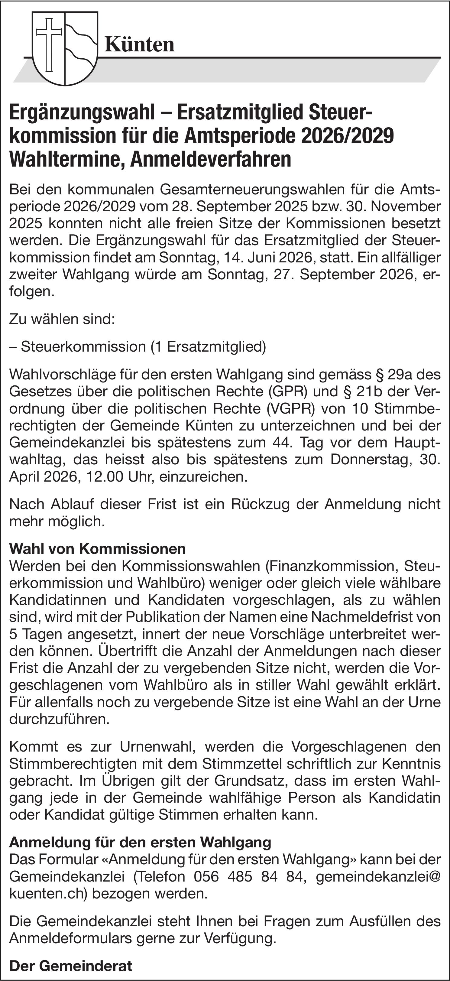 Wahlen & Abstimmungen, Künten, Ergänzungswahl – Ersatzmitglied Steuerkommission für die Amtsperiode 2026/2029