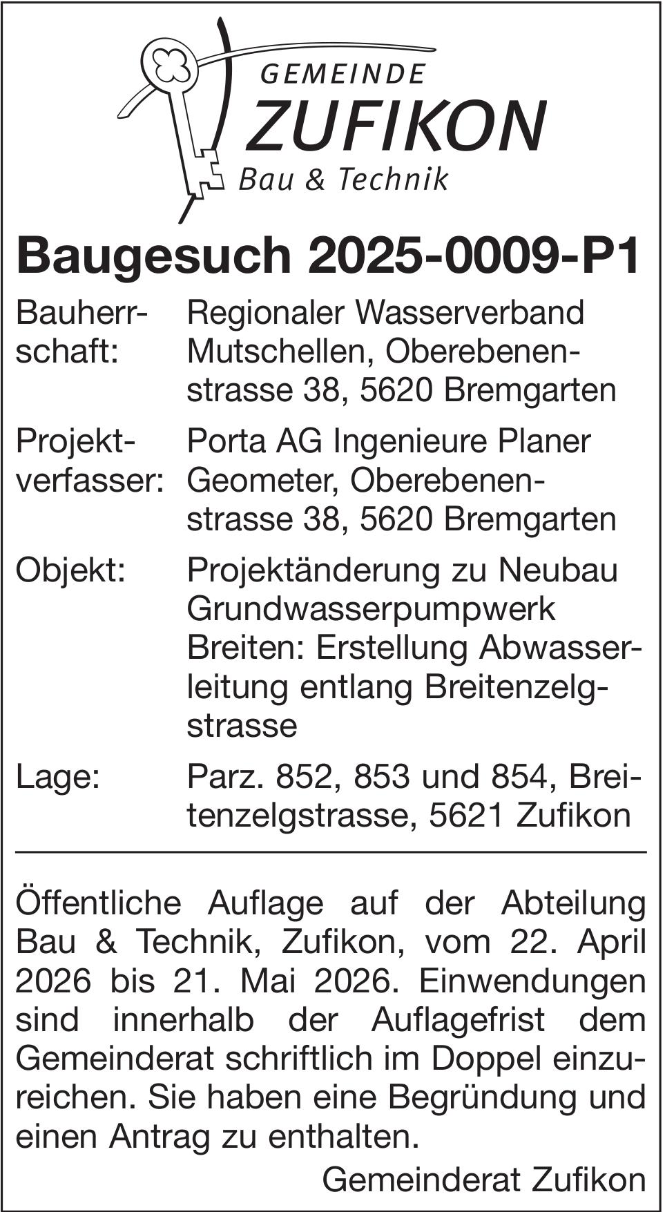 Baugesuche, Zufikon Bau & Technik, Regionaler Wasserverband Mutschellen