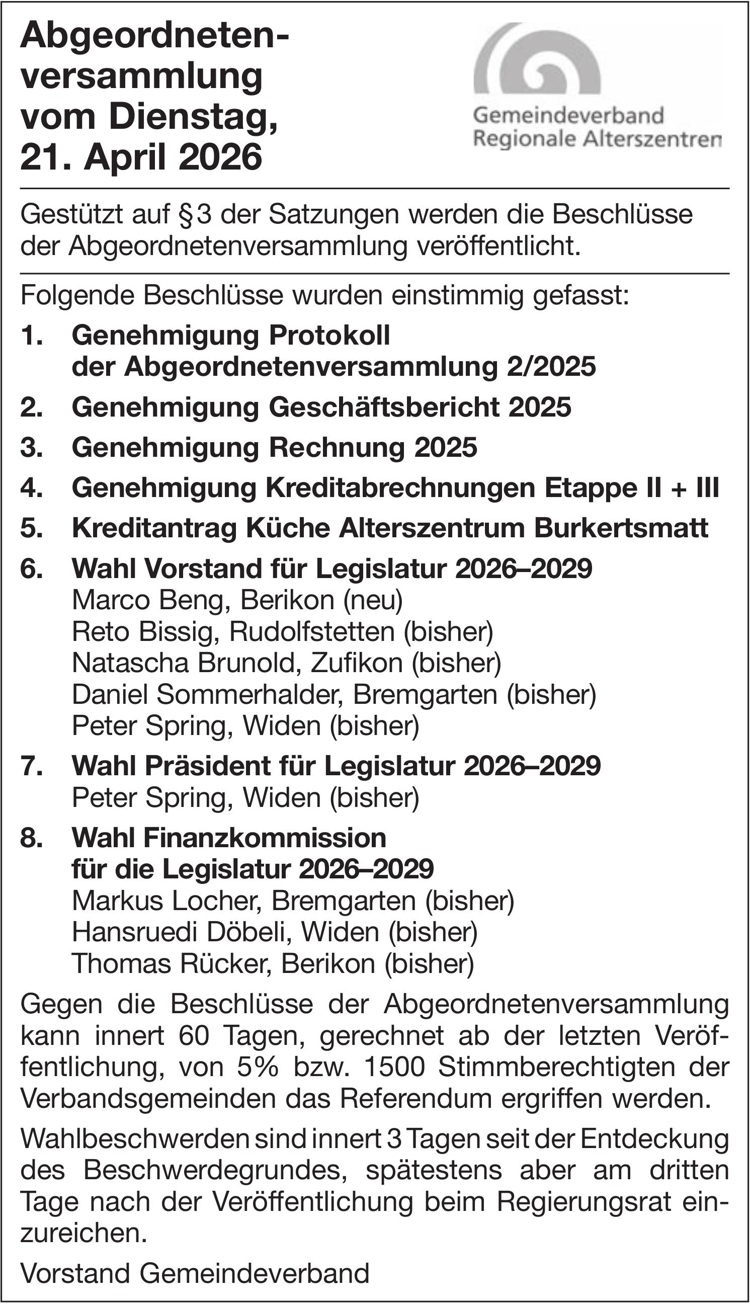 Gemeindeverband Regionale Alterszentren, Abgeordnetenversammlung vom Dienstag, 21. April 2026