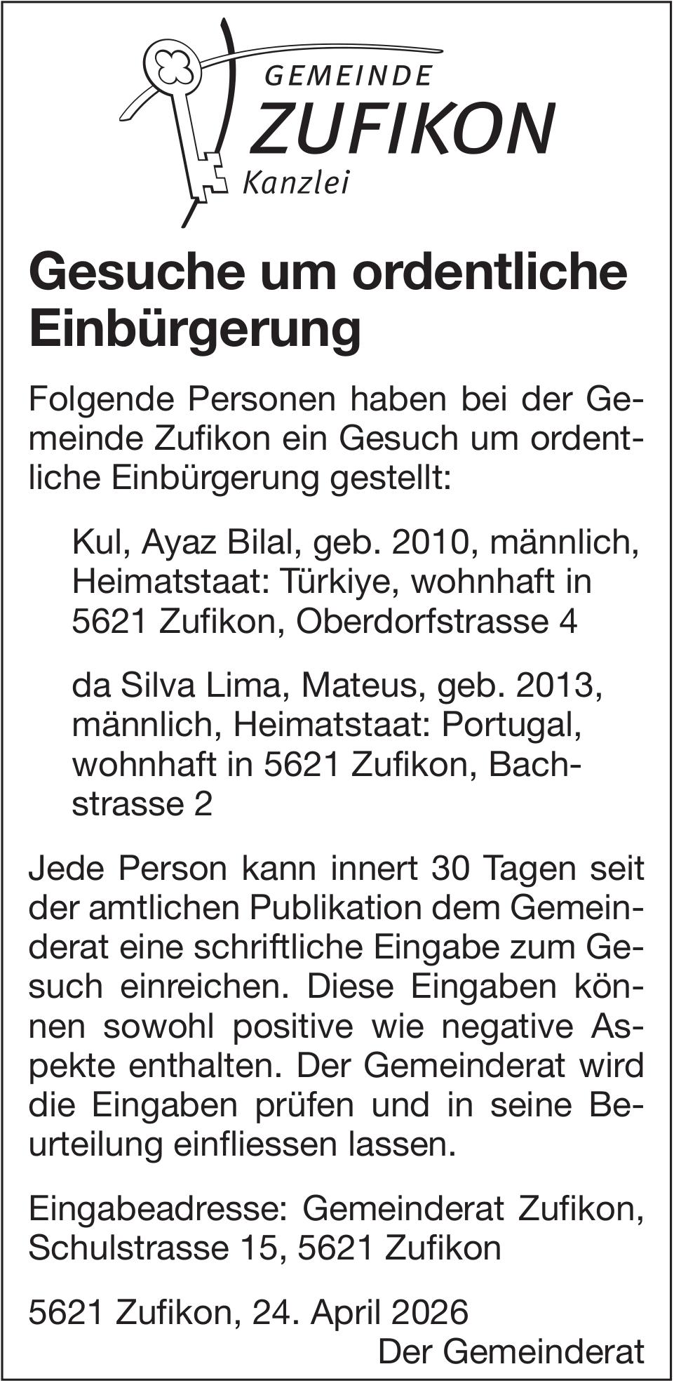 Gemeinde Zufikon, Gesuche um ordentliche Einbürgerung