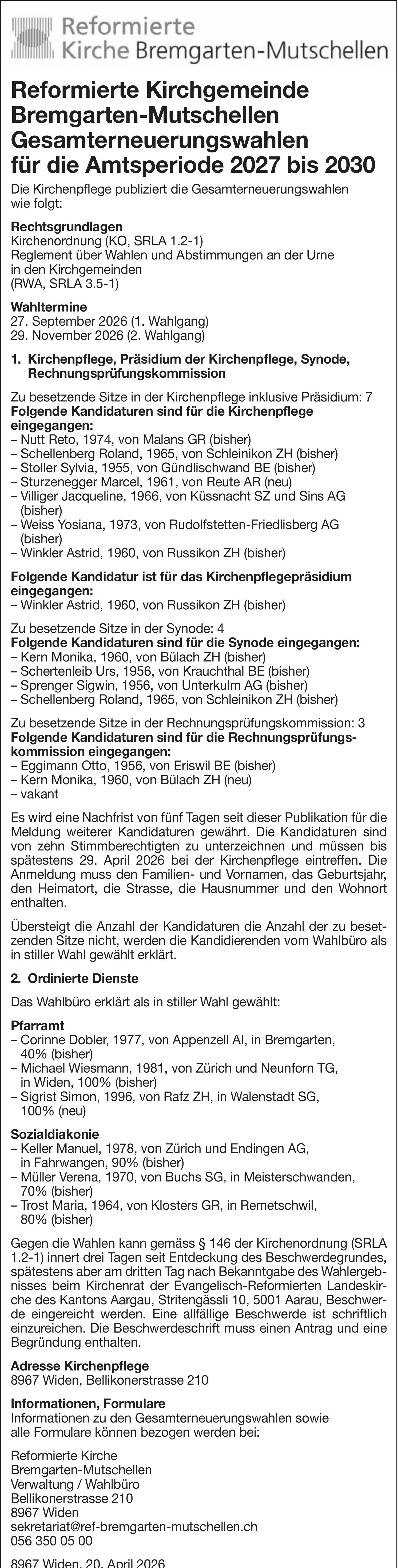 Reformierte Kirche Bremgarten-Mutschellen, Gesamterneuerungswahlen für die Amtsperiode 2027 bis 2030