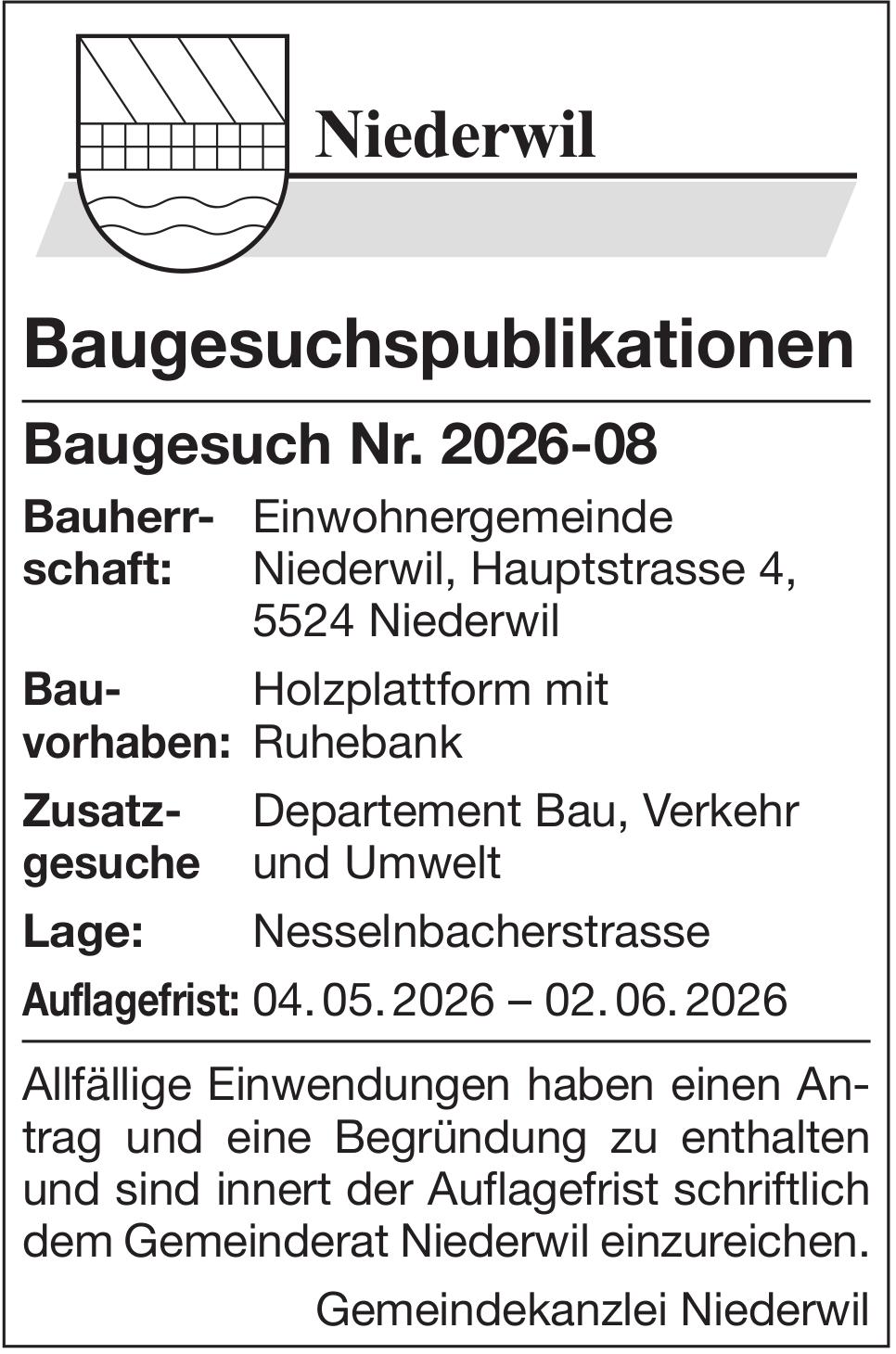 Baugesuche, Einwohnergemeinde Niederwil, Baugesuch Nr. 2026-08