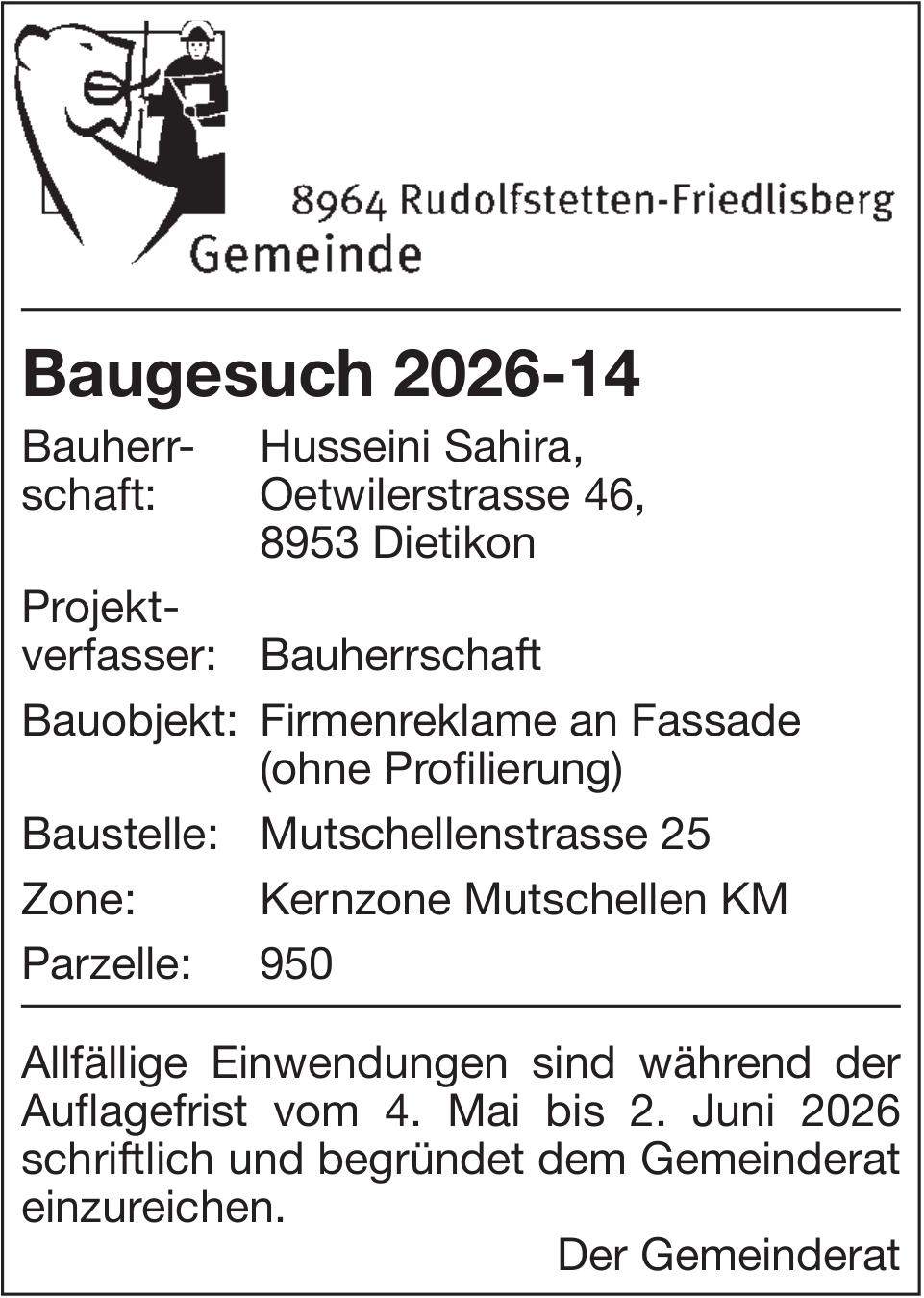 Baugesuche, Dietikon, Baugesuch 2026-14, Husseini Sahira