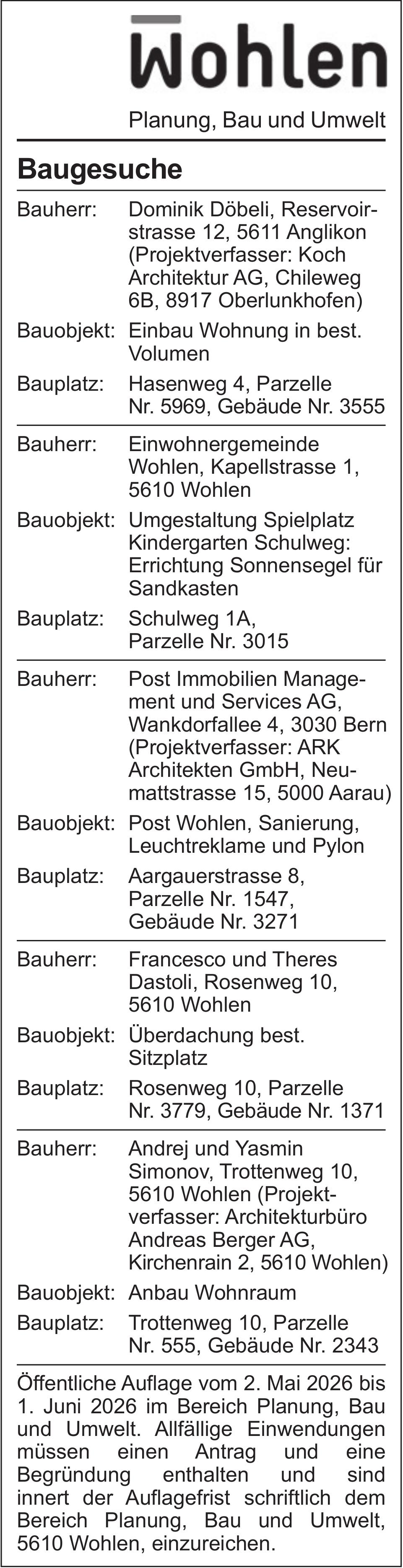 Baugesuche, Wohlen