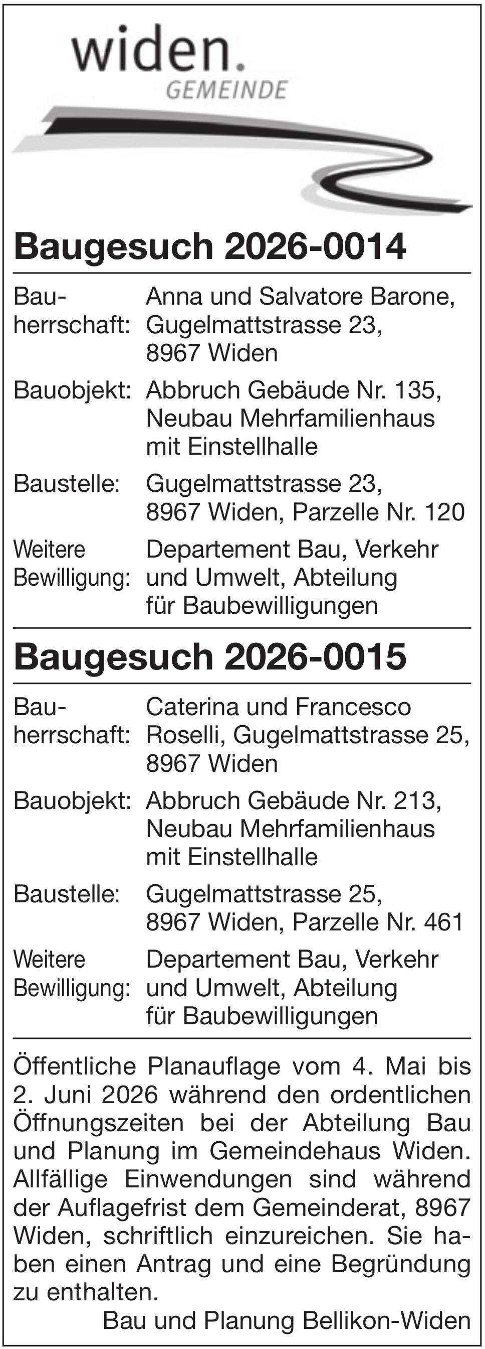 Baugesuche, Widen, Baugesuche 2026-0014 / 2026-0015