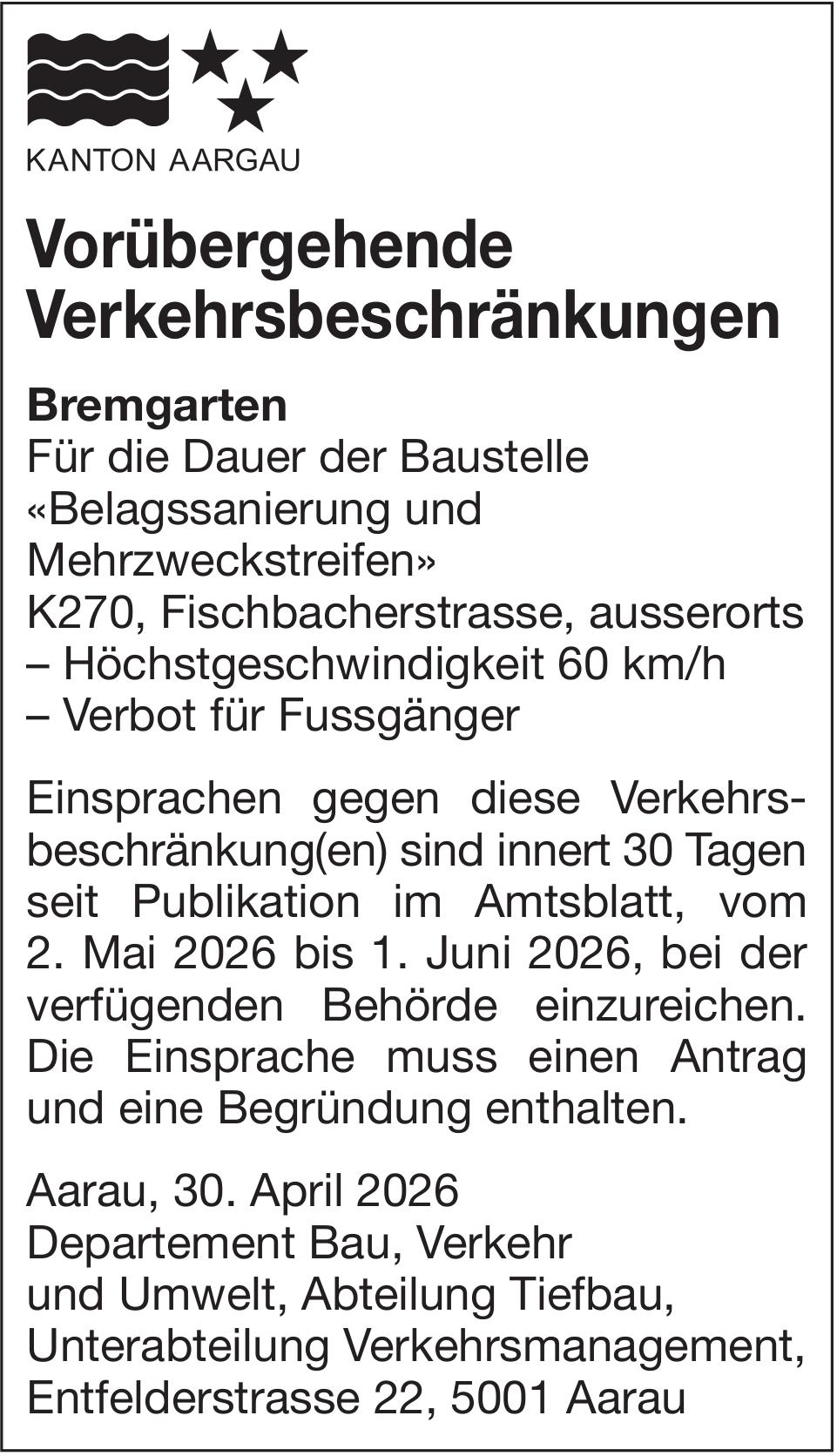 Verkehrsmassnahmen / Wartungsarbeiten, Kanton Aargau, Vorübergehende Verkehrsbeschränkungen
