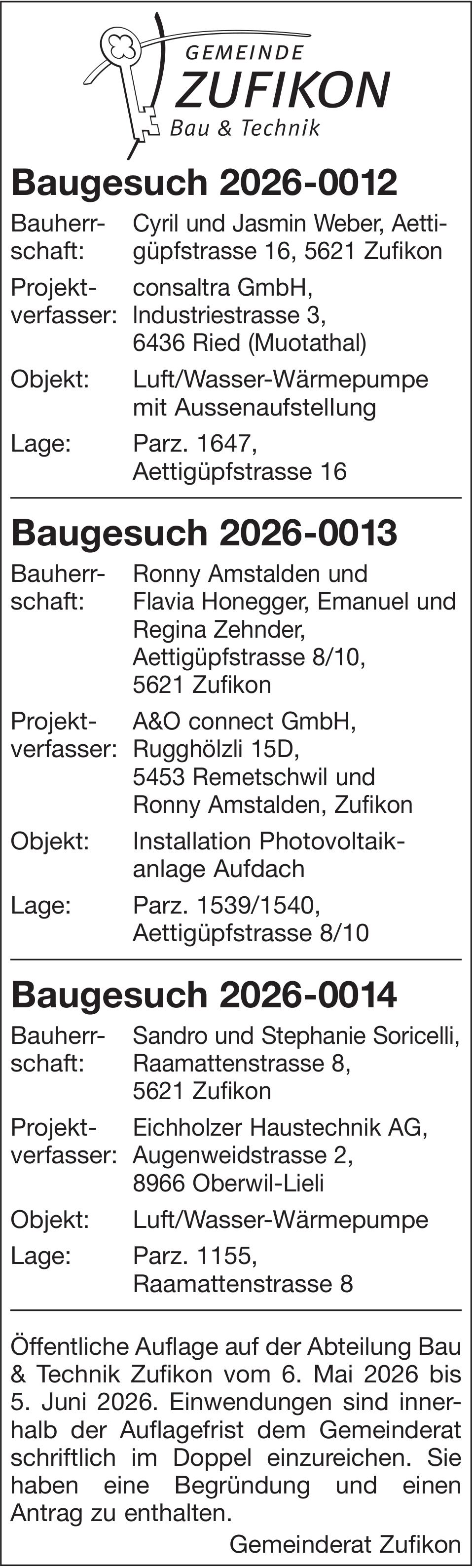 Baugesuche, Zufikon