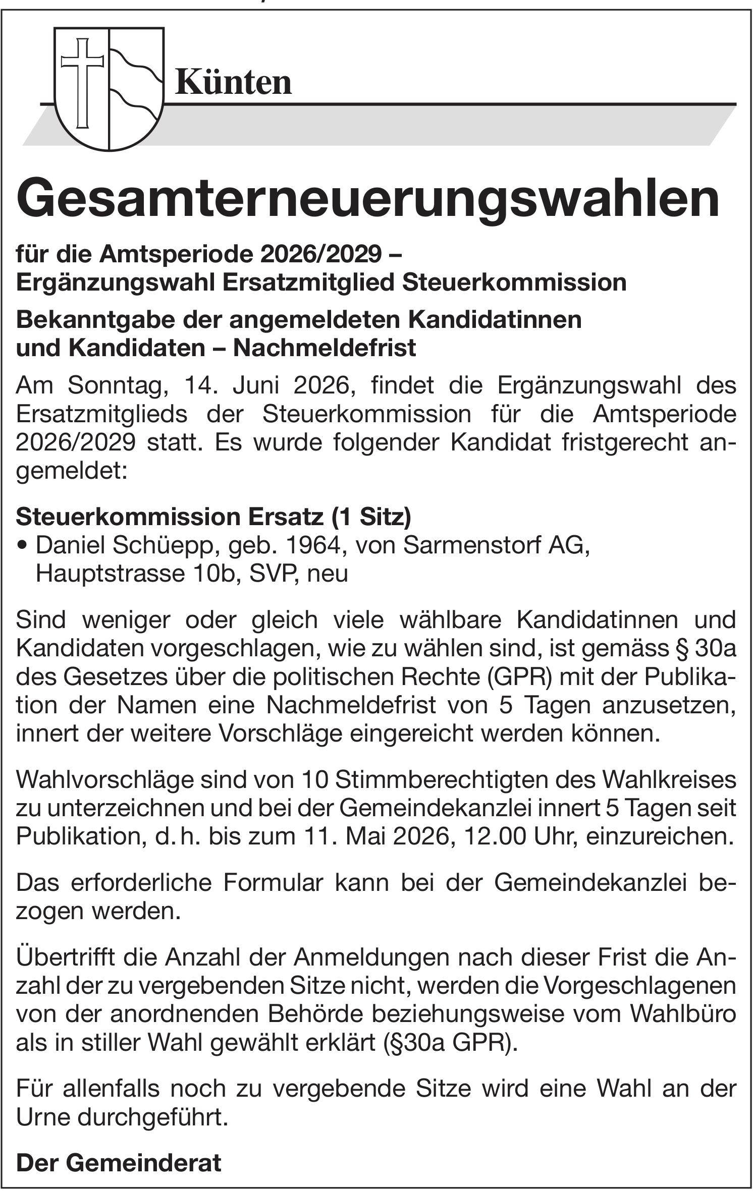 Wahlen & Abstimmungen, Künten, Gesamterneuerungswahlen