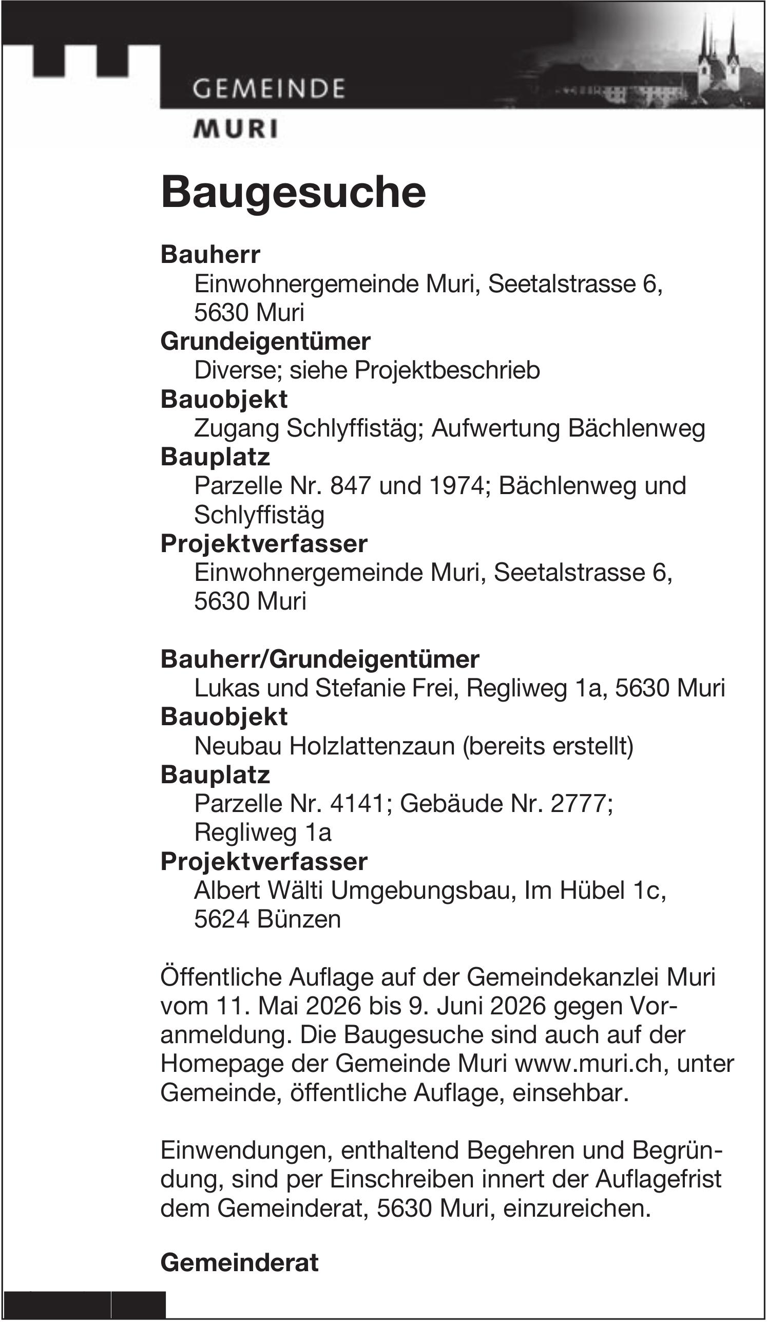 Baugesuche, Muri, Bauherr: Einwohnergemeinde Muri