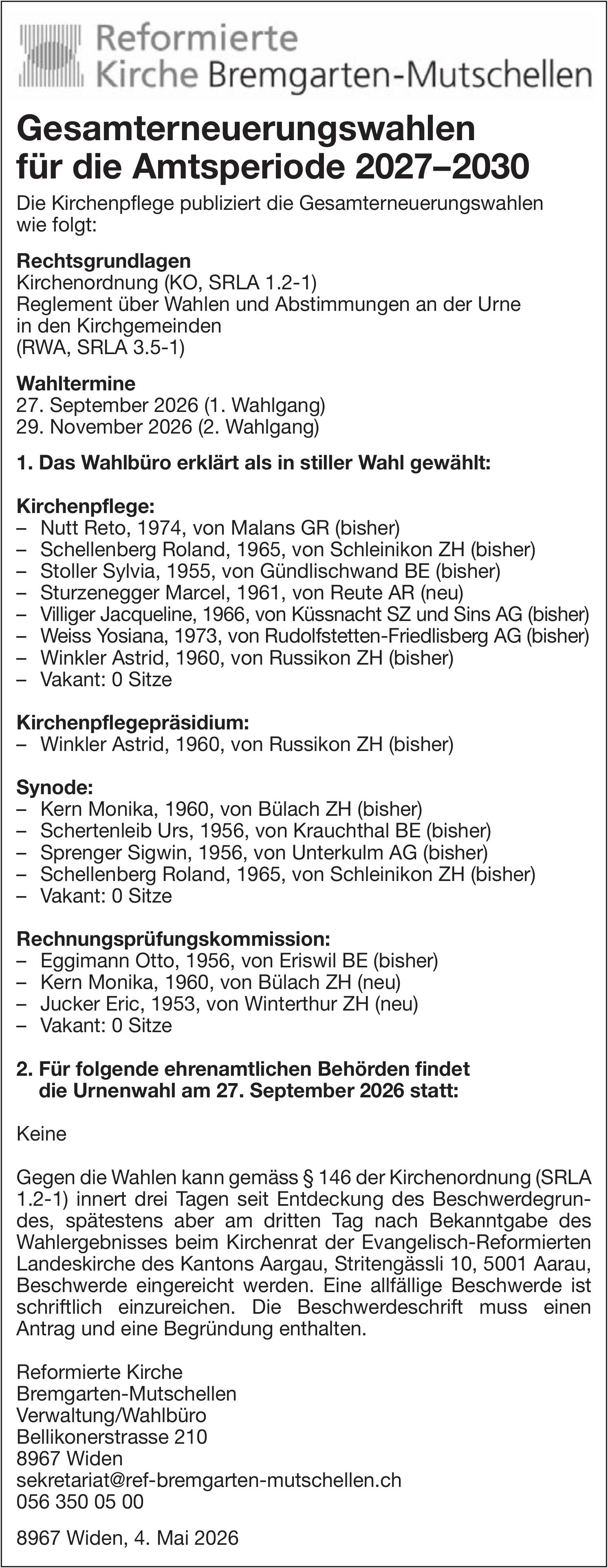 Wahlen & Abstimmungen, Widen - Reformierte Kirche Bremgarten-Mutschellen, Gesamterneuerungswahlen für die Amtsperiode 2027–2030