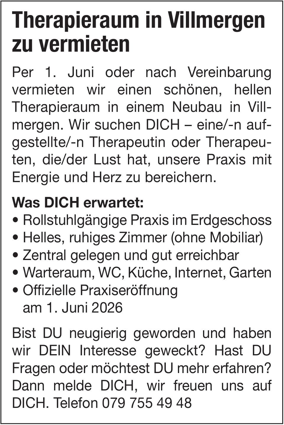 Therapieraum, Villmergen, zu vermieten
