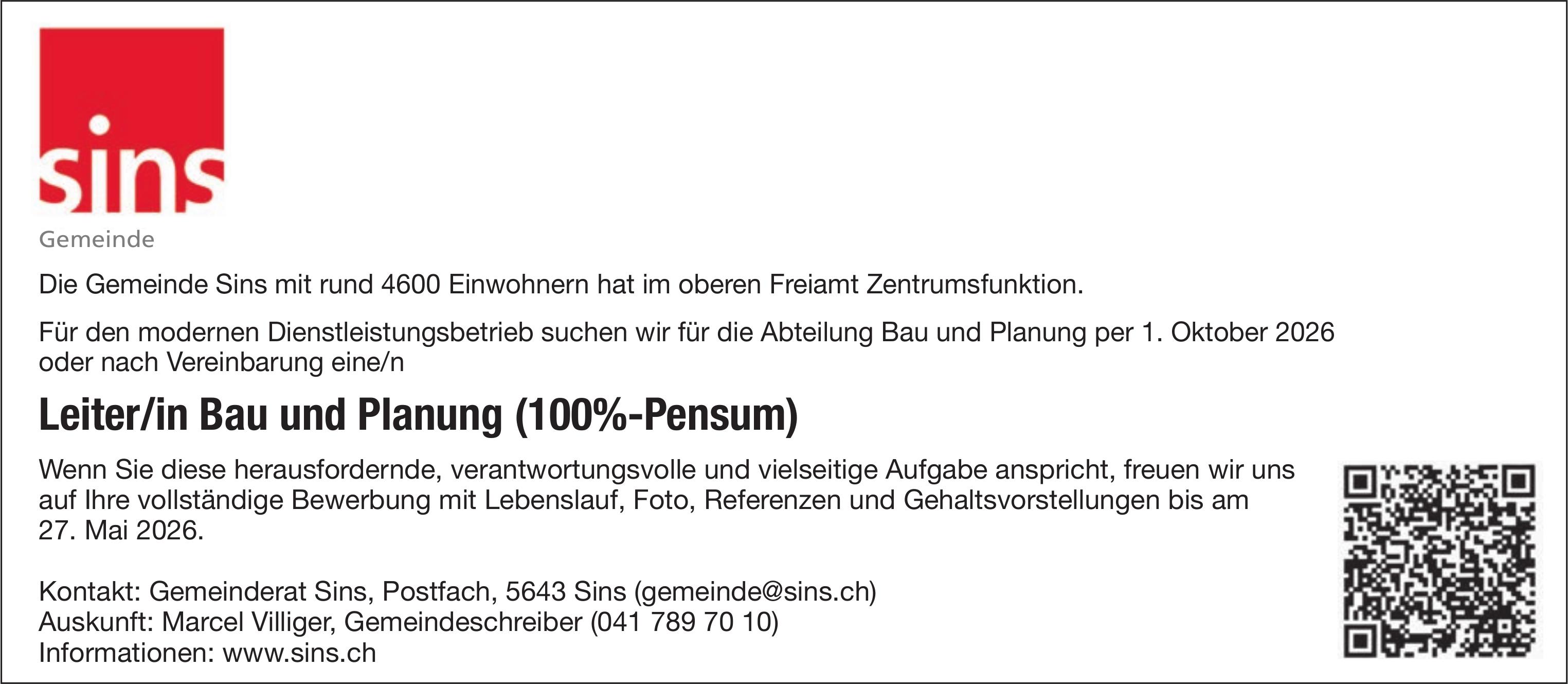 Leiter/in Bau und Planung (100%-Pensum), Gemeinde Sins, Gesucht