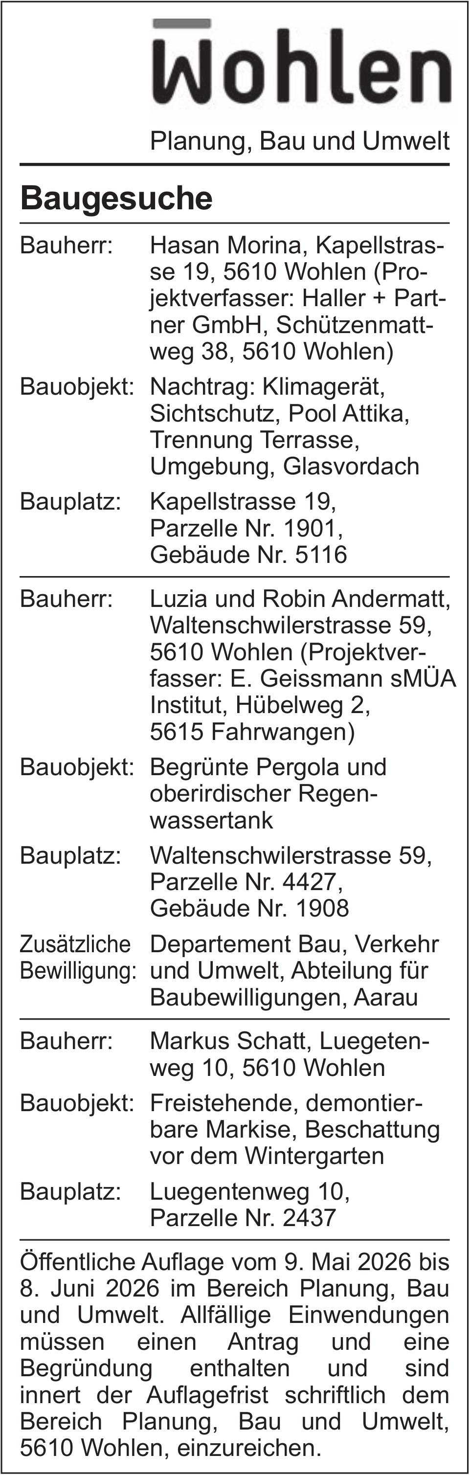 Baugesuche, Wohlen