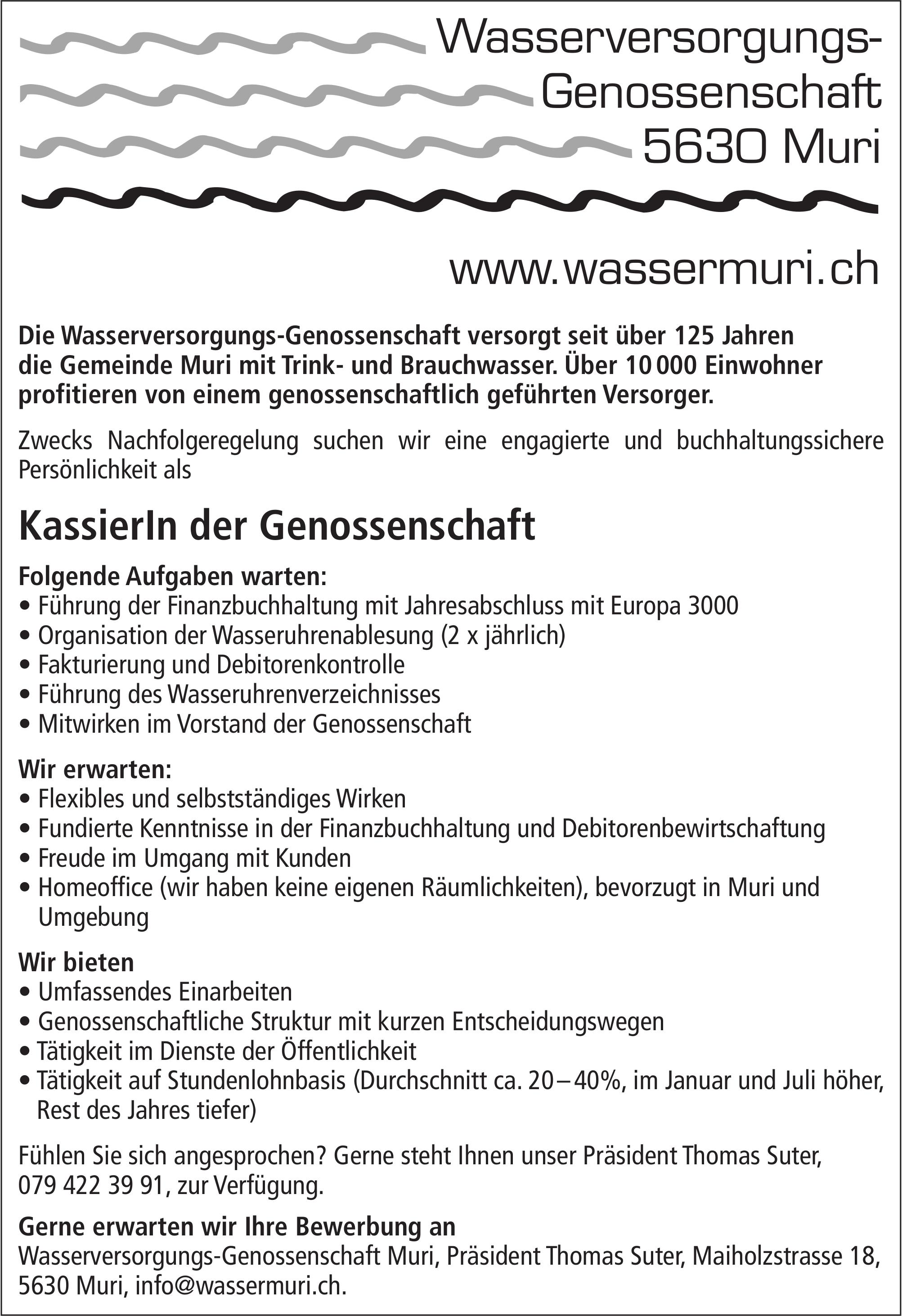 KassierIn der Genossenschaft, Wasserversorgungs-Genossenschaft, Muri, Gesucht