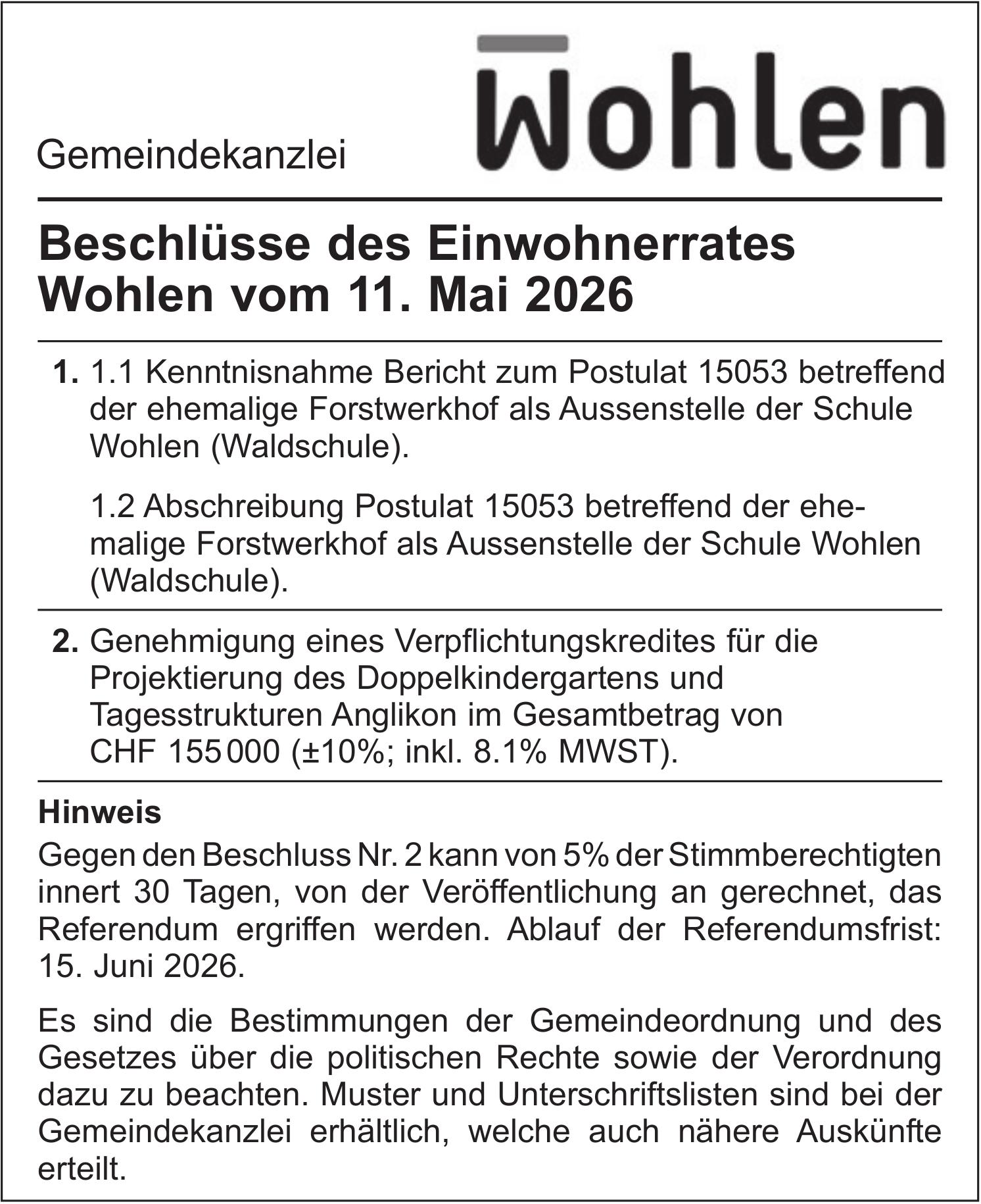 Gemeindekanzlei Wohlen, Beschlüsse des Einwohnerrates Wohlen vom 11. Mai 2026