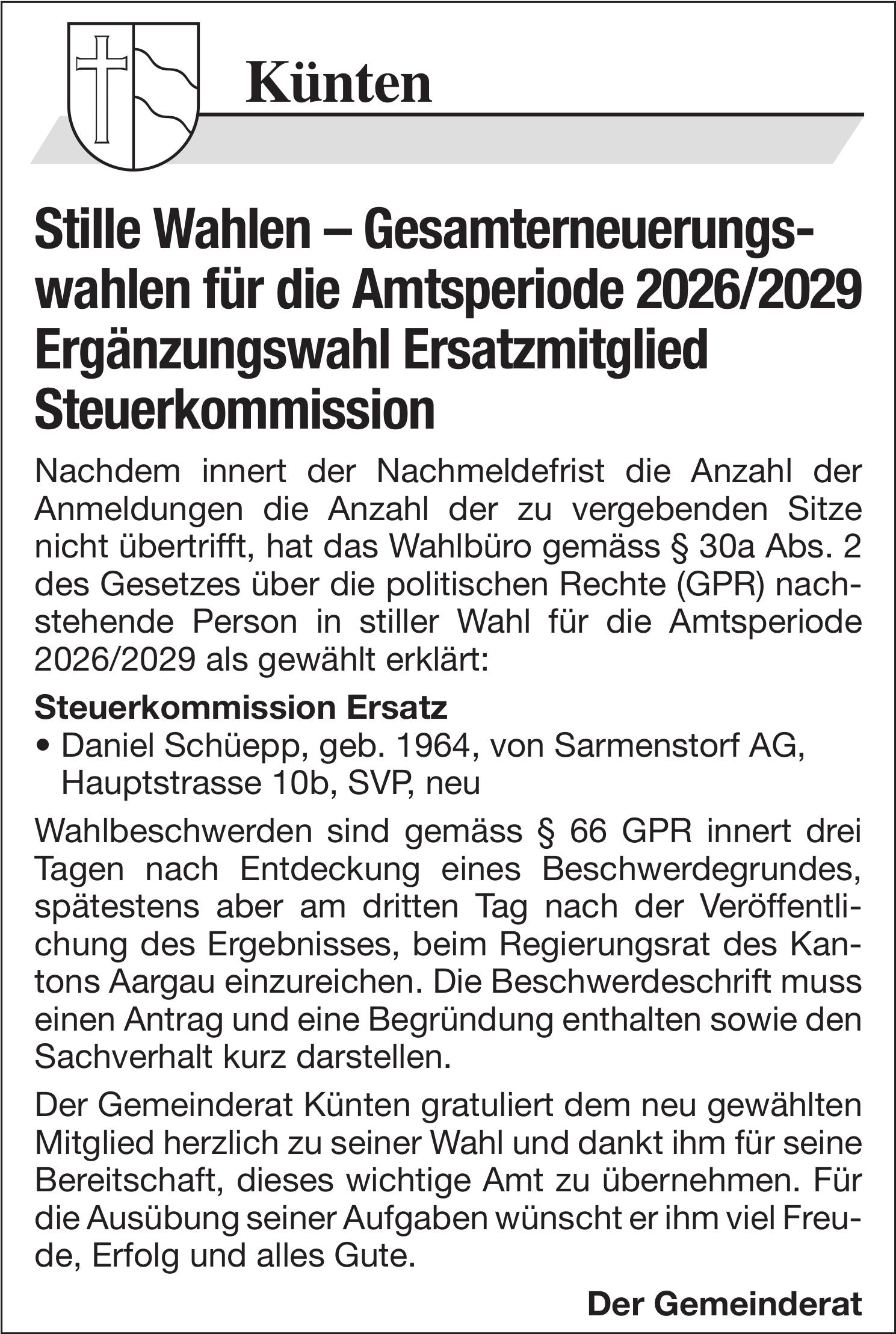 Wahlen & Abstimmungen, Künten, Stille Wahlen – Gesamterneuerungswahlen für die Amtsperiode 2026/2029 Ergänzungswahl Ersatzmitglied Steuerkommission
