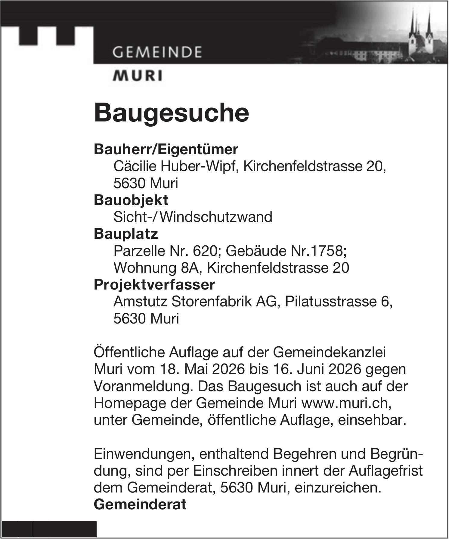 Baugesuche, Muri, Bauherr: Cäcilie Huber-Wipf