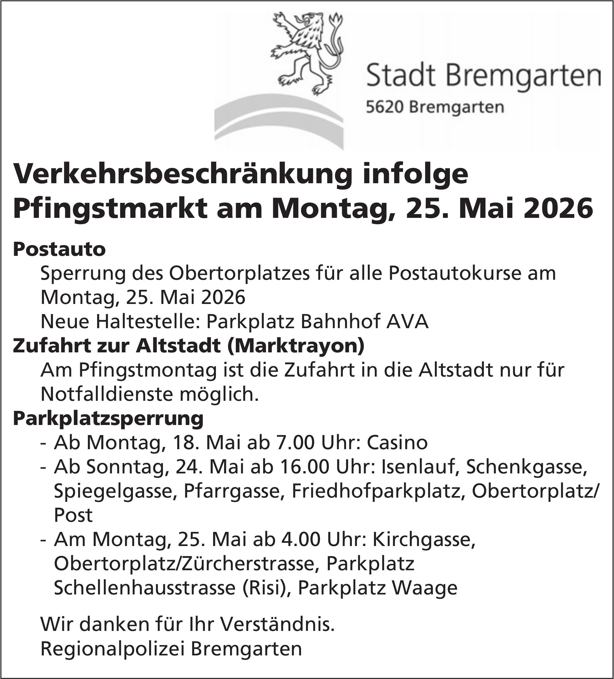 Verkehrsmaßnahmen / Wartungsarbeiten, Bremgarten - Stadt Bremgarten, Verkehrsbeschränkung infolge Pfingstmarkt am Montag, 25. Mai 2026