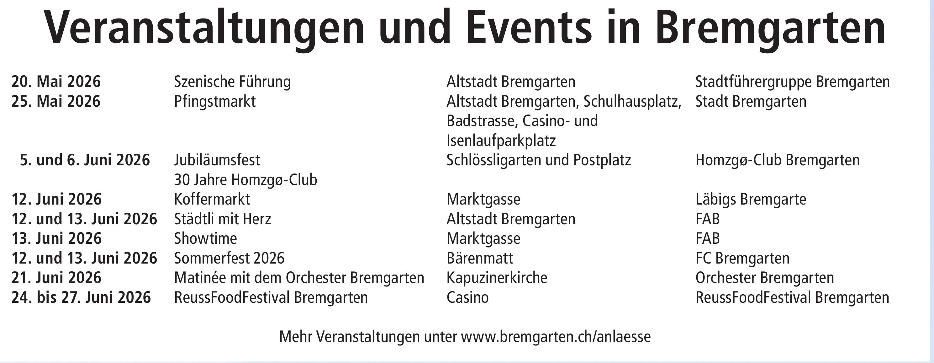 Veranstaltungen und Events in Bremgarten, 20. Mai - 27. Juni