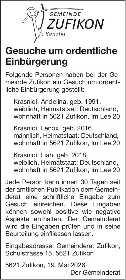 Gemeinde, Gemeinde Zufikon Kanzlei, Gesuche um ordentliche Einbürgerung