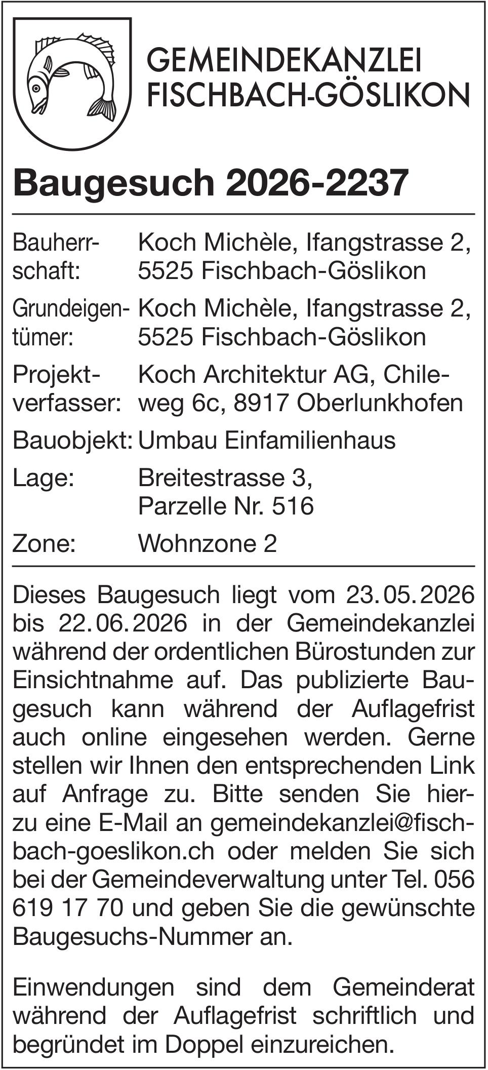 Baugesuche - Fischbach-Göslikon, Baugesuch 2026-2237