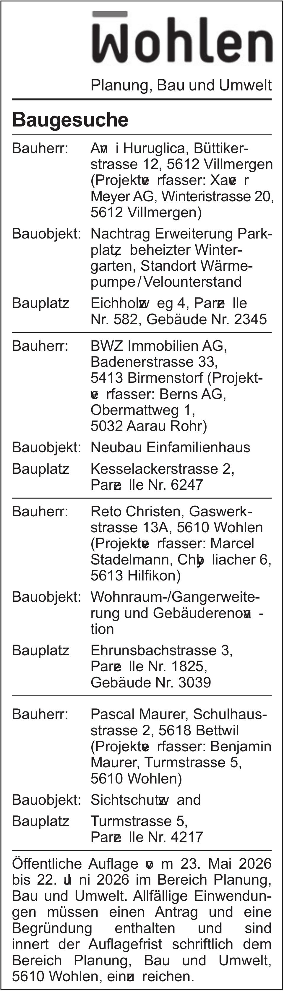 Baugesuche, Wohlen
