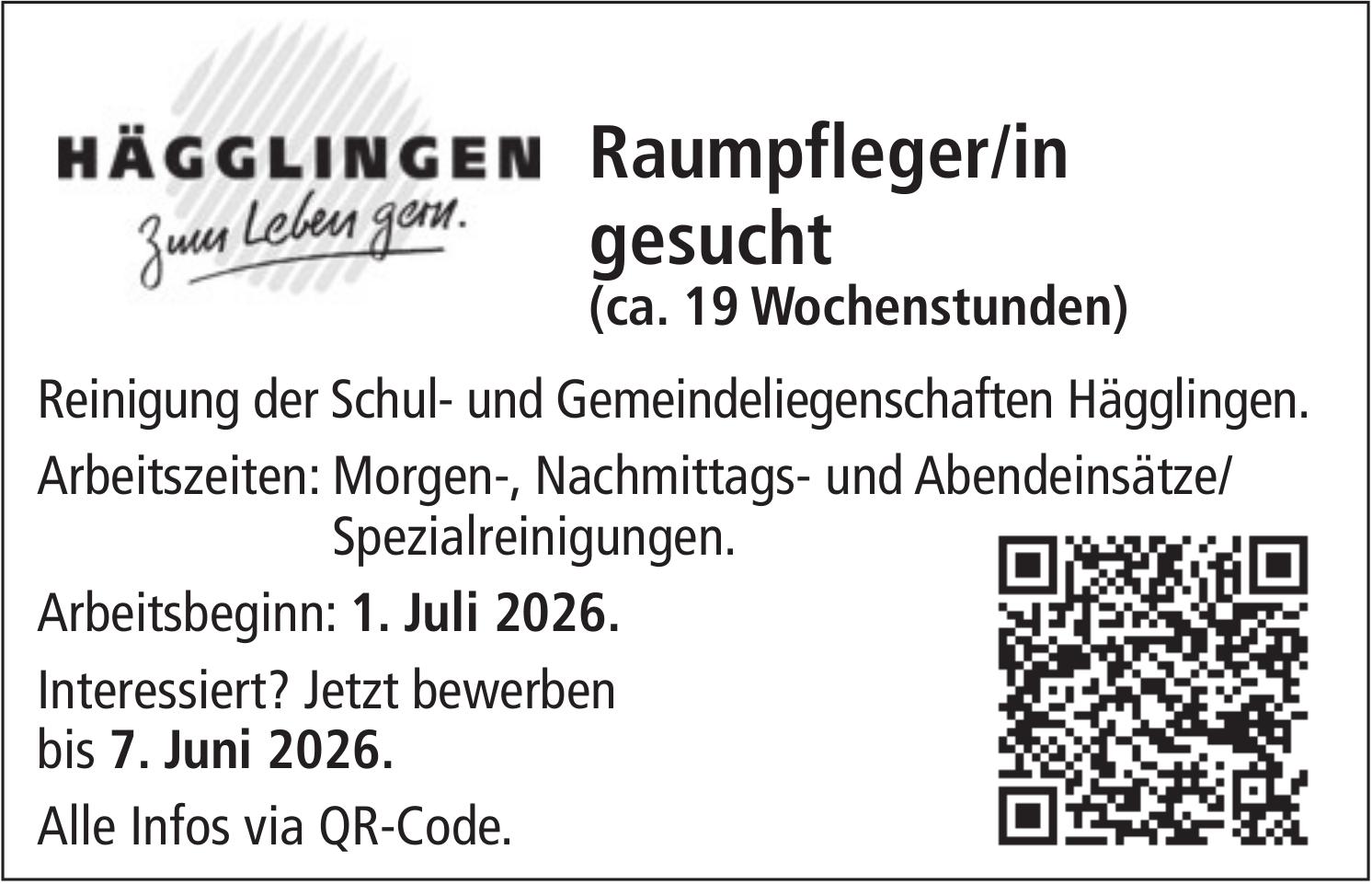 Raumpfleger/in, Schul- und Gemeindeliegenschaften Hägglingen, Gesucht