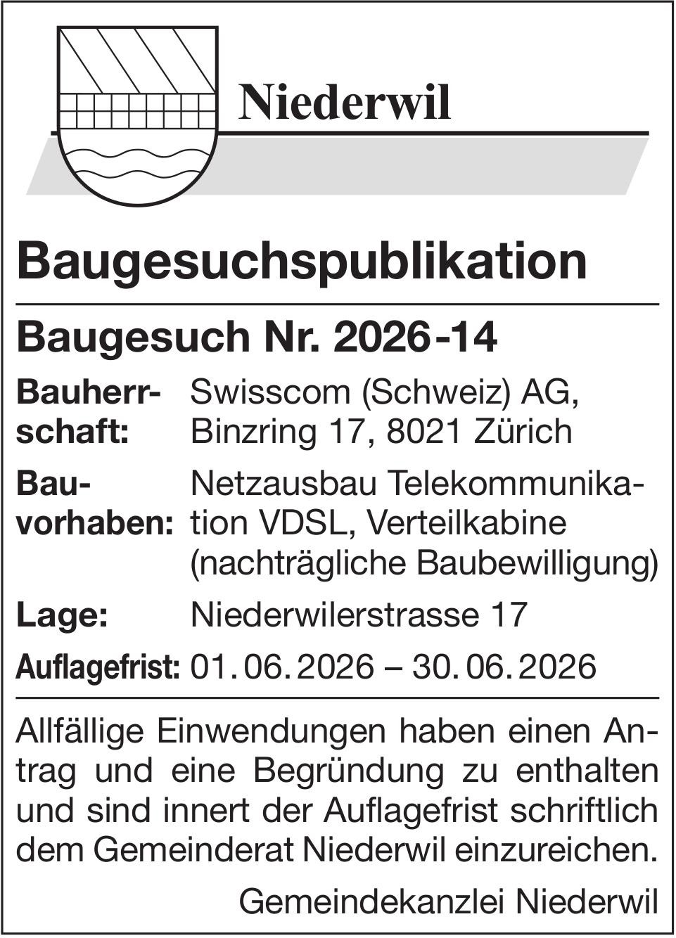 Baugesuche, Niederwil, Baugesuchspublikation, Baugesuch Nr. 2026-14, Bauherrschaft: Swisscom (Schweiz AG)