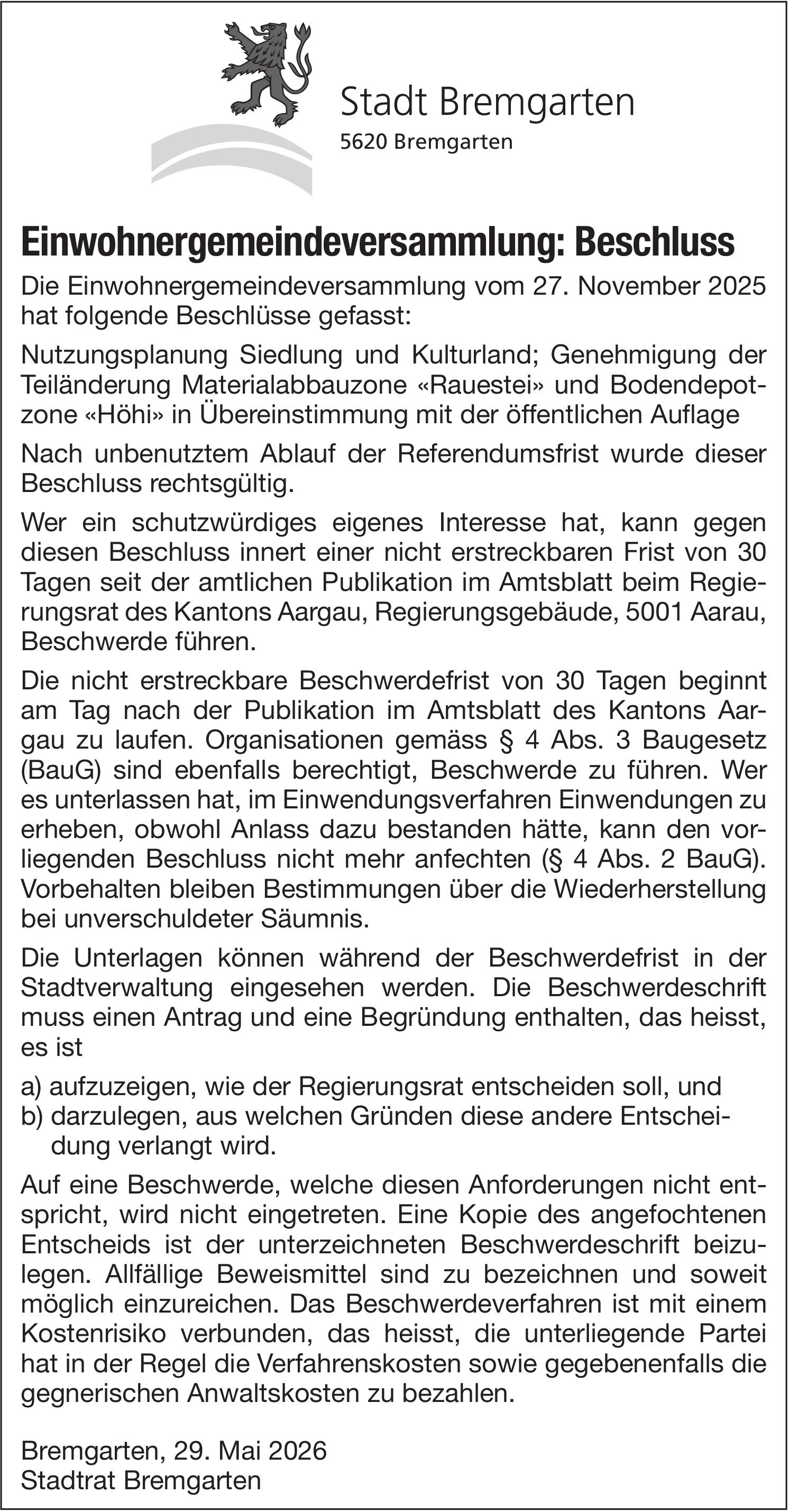 Lokale Gemeinschaft - Stadt Bremgarten, Einwohnergemeindeversammlung: Beschluss