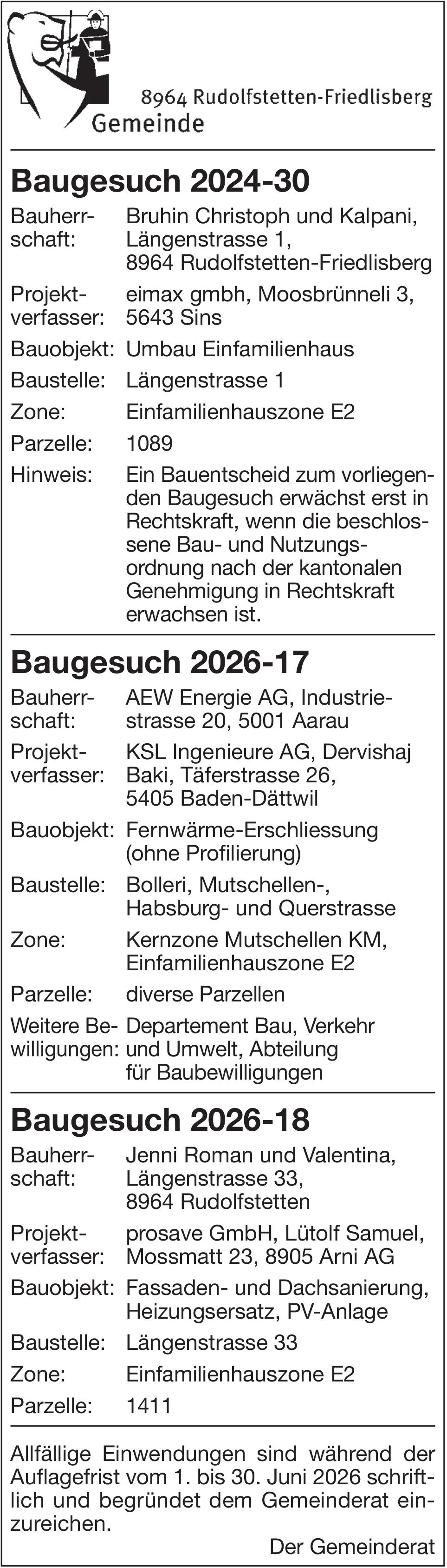 Baugesuche, Rudolfstetten-Friedlisberg, Baugesucht 2024-30 / 2026-17 / 2026-18