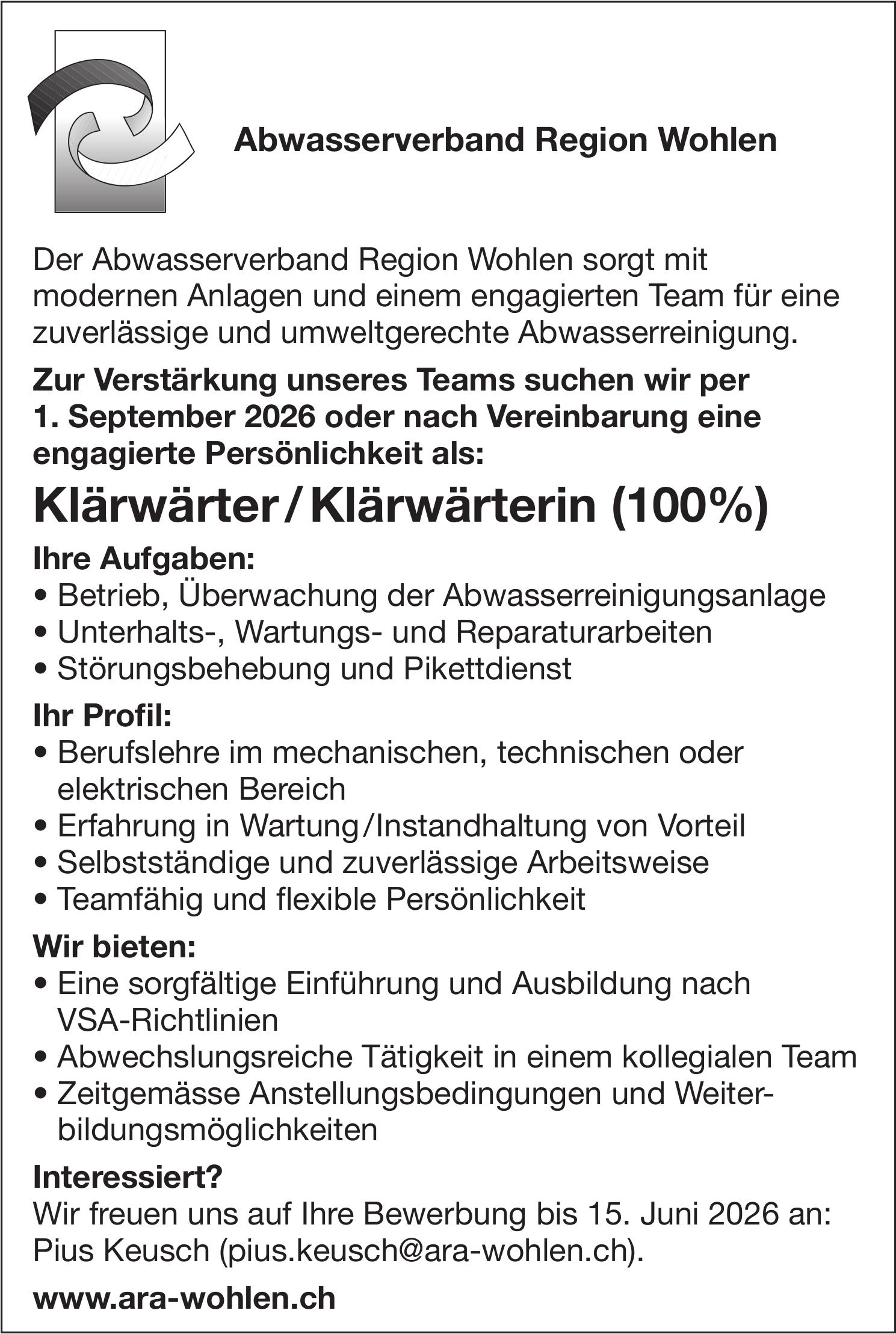 Klärwärter / Klärwärterin (100%), Abwasserverband Region Wohlen, Gesucht