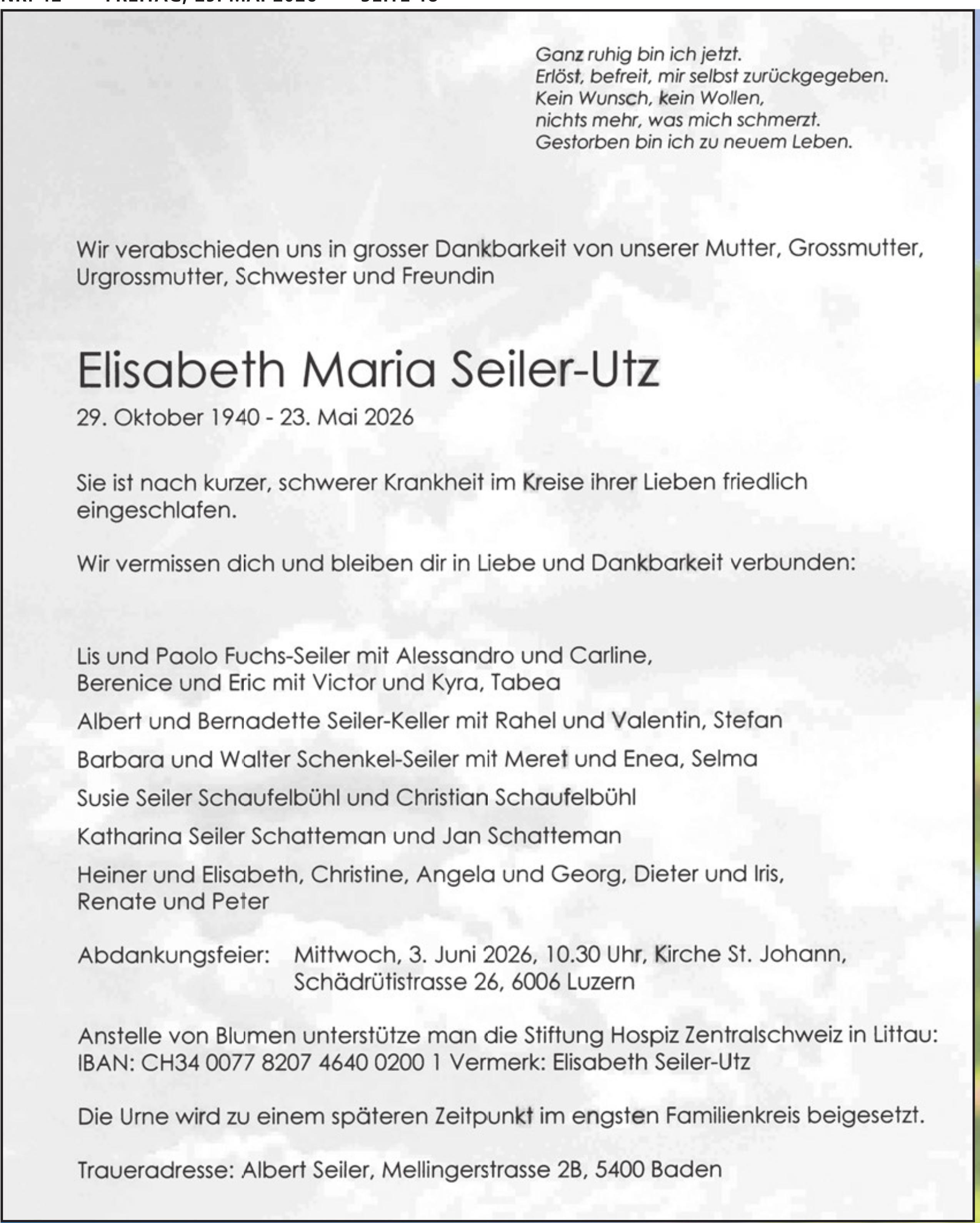 Seiler-Utz Elisabeth Maria, Mai 2026 / TA