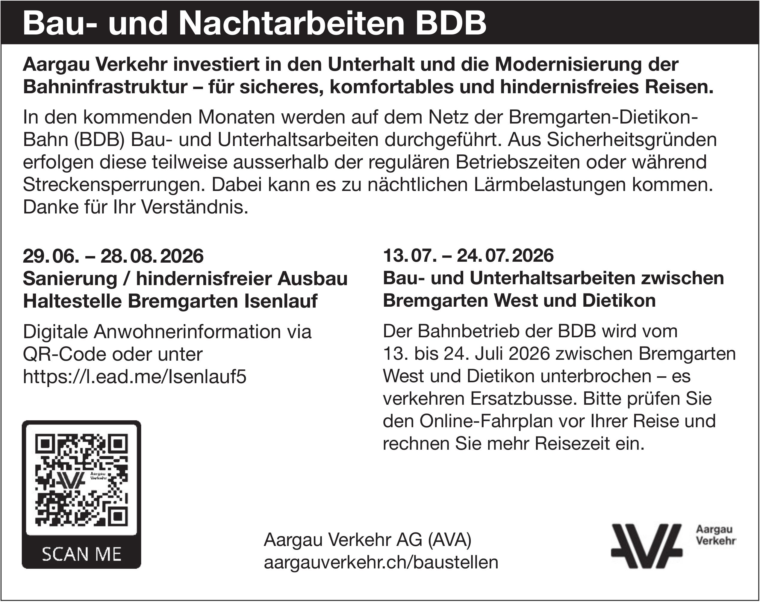 Verkehrsmassnahmen/ Unterhaltsarbeiten, Bremgarten - Aargau Verkehr AG, Bau- und Nachtarbeiten BDB