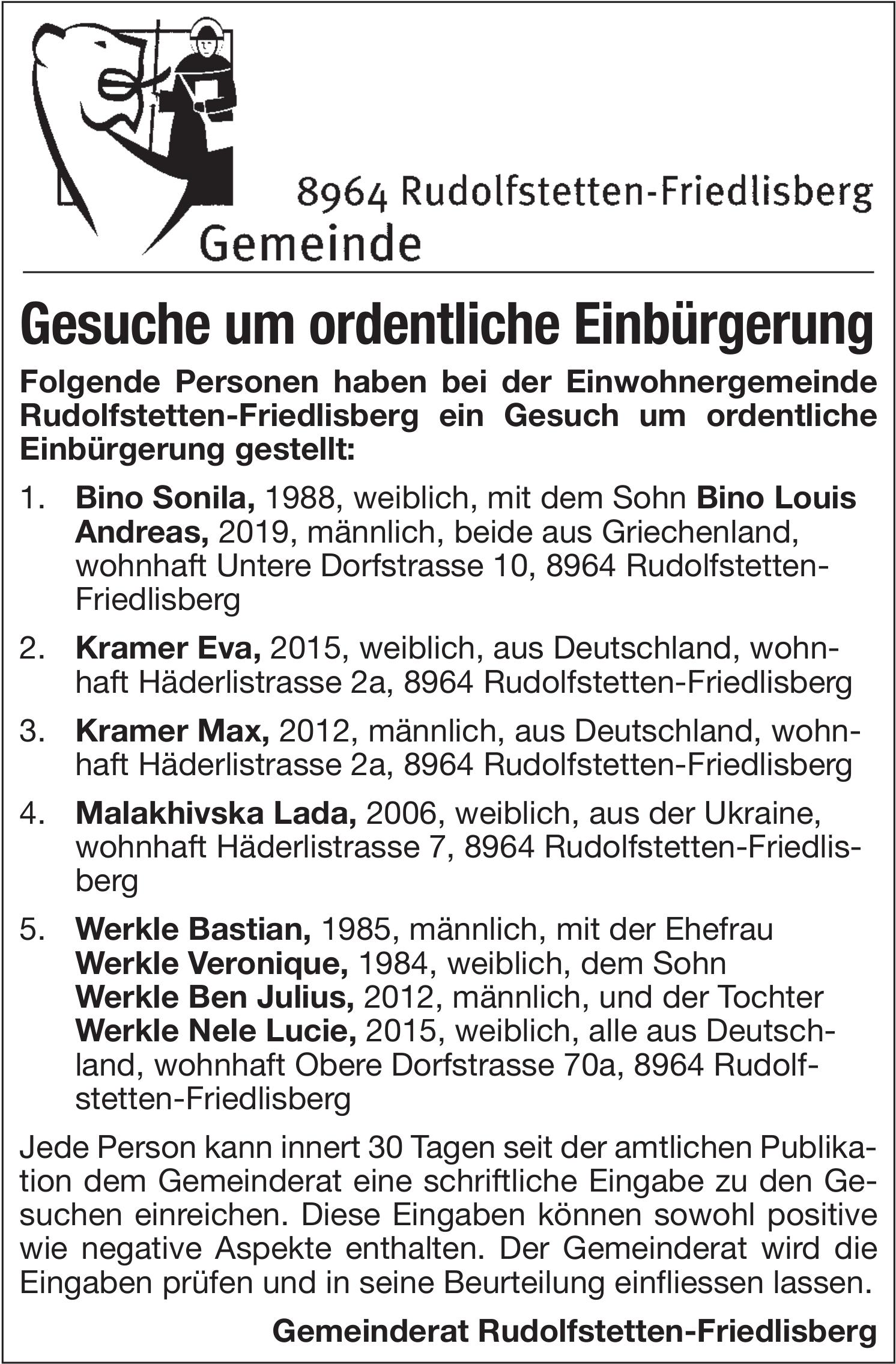Lokale Gemeinschaft, Gemeinderat Rudolfstetten-Friedlisberg, Gesuche um ordentliche Einbürgerung