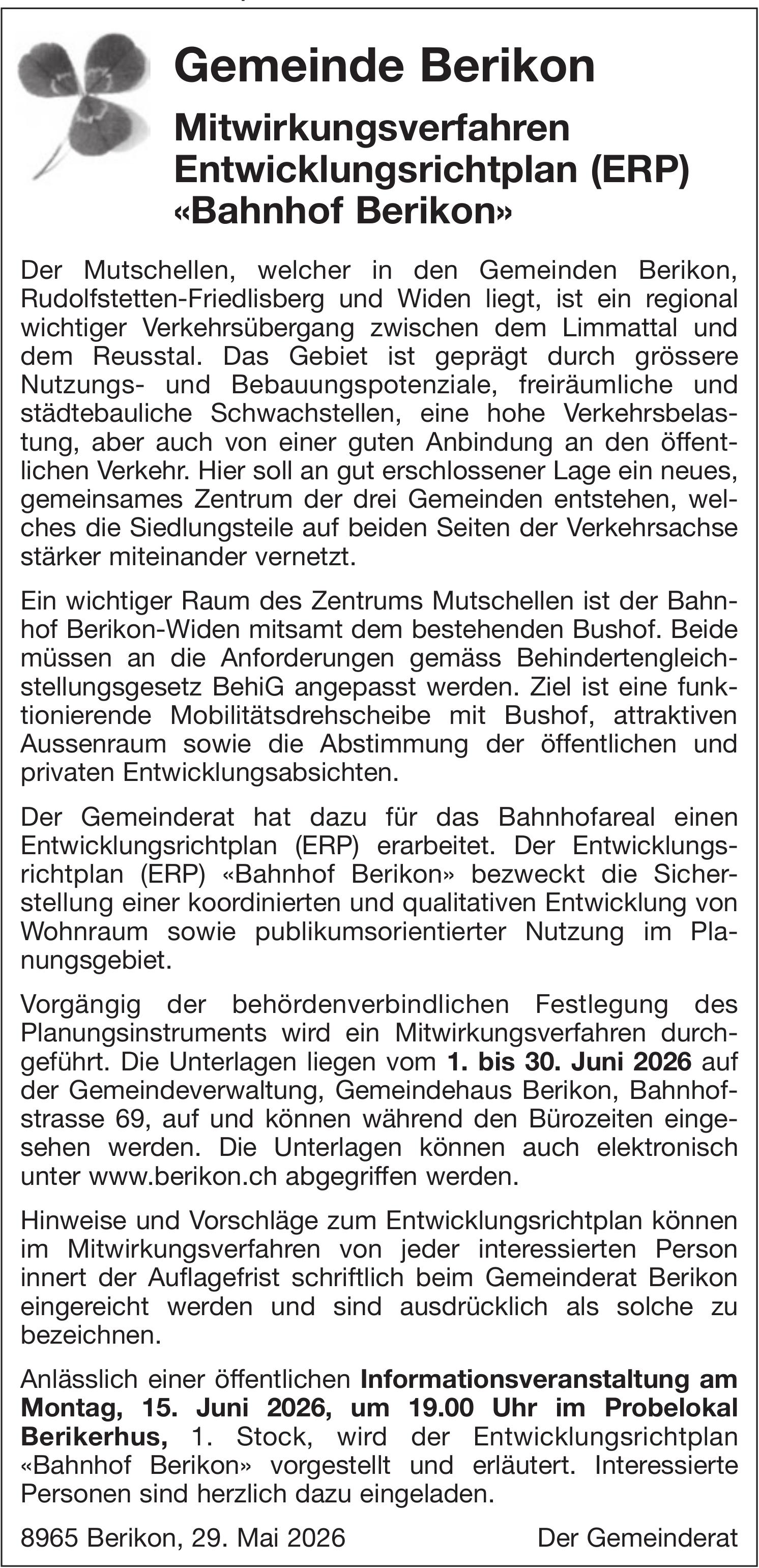 Sonstiges - Gemeinde Berikon, Mitwirkungsverfahren Entwicklungsrichtplan (ERP) «Bahnhof Berikon»