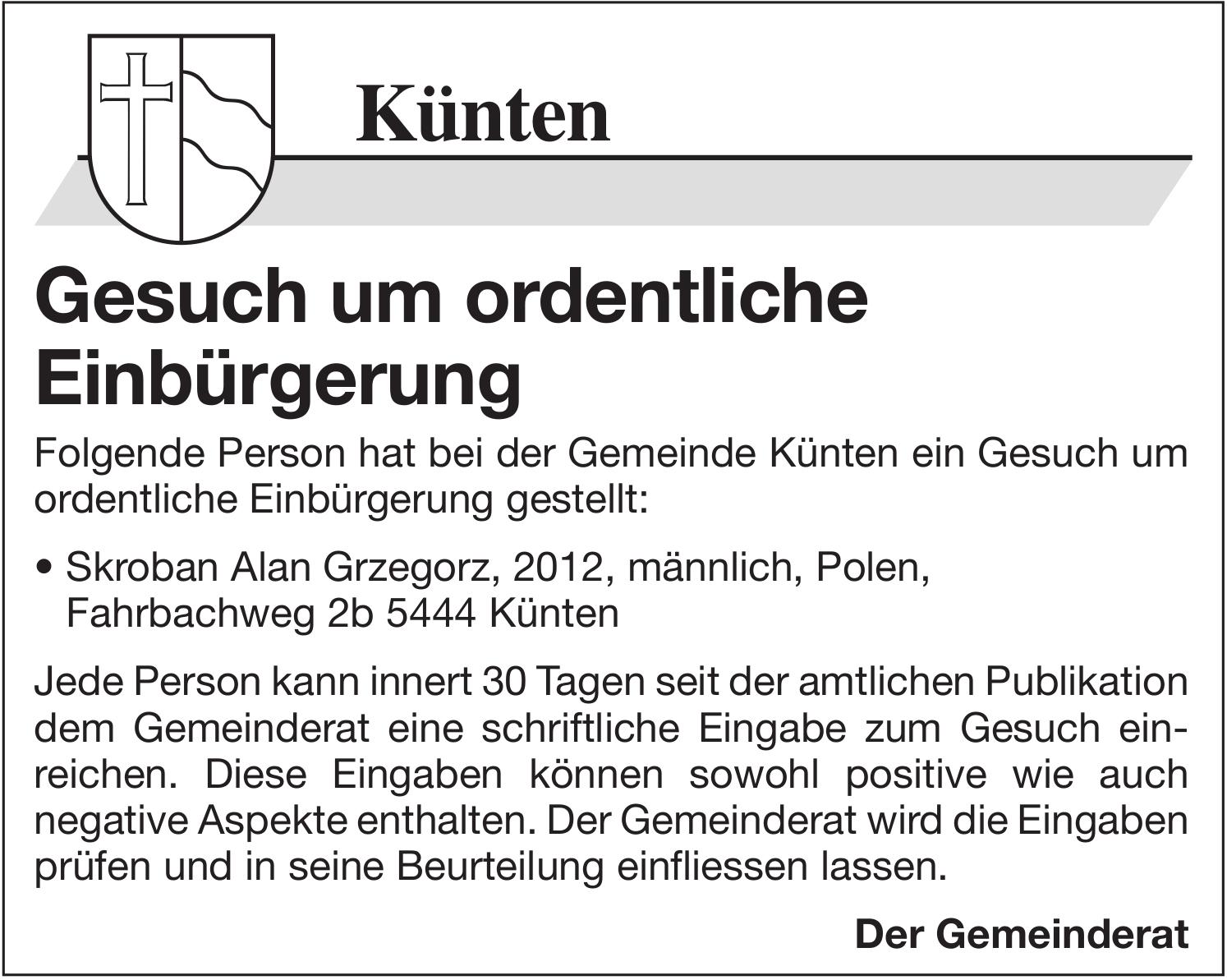 Künten - Gesuch um ordentliche Einbürgerung