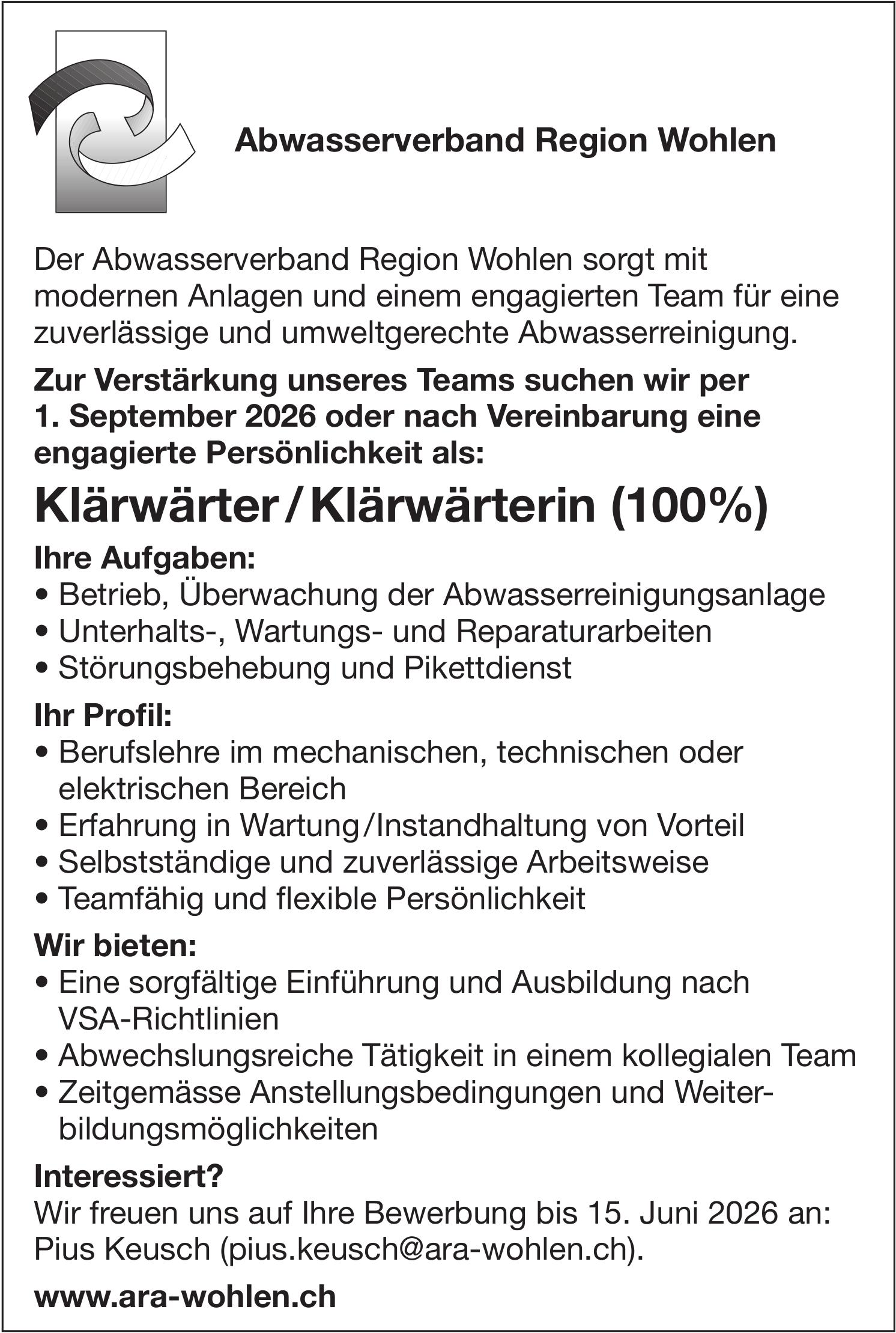 Klärwärter / Klärwärterin (100%), Abwasserverband Region Wohlen, Gesucht