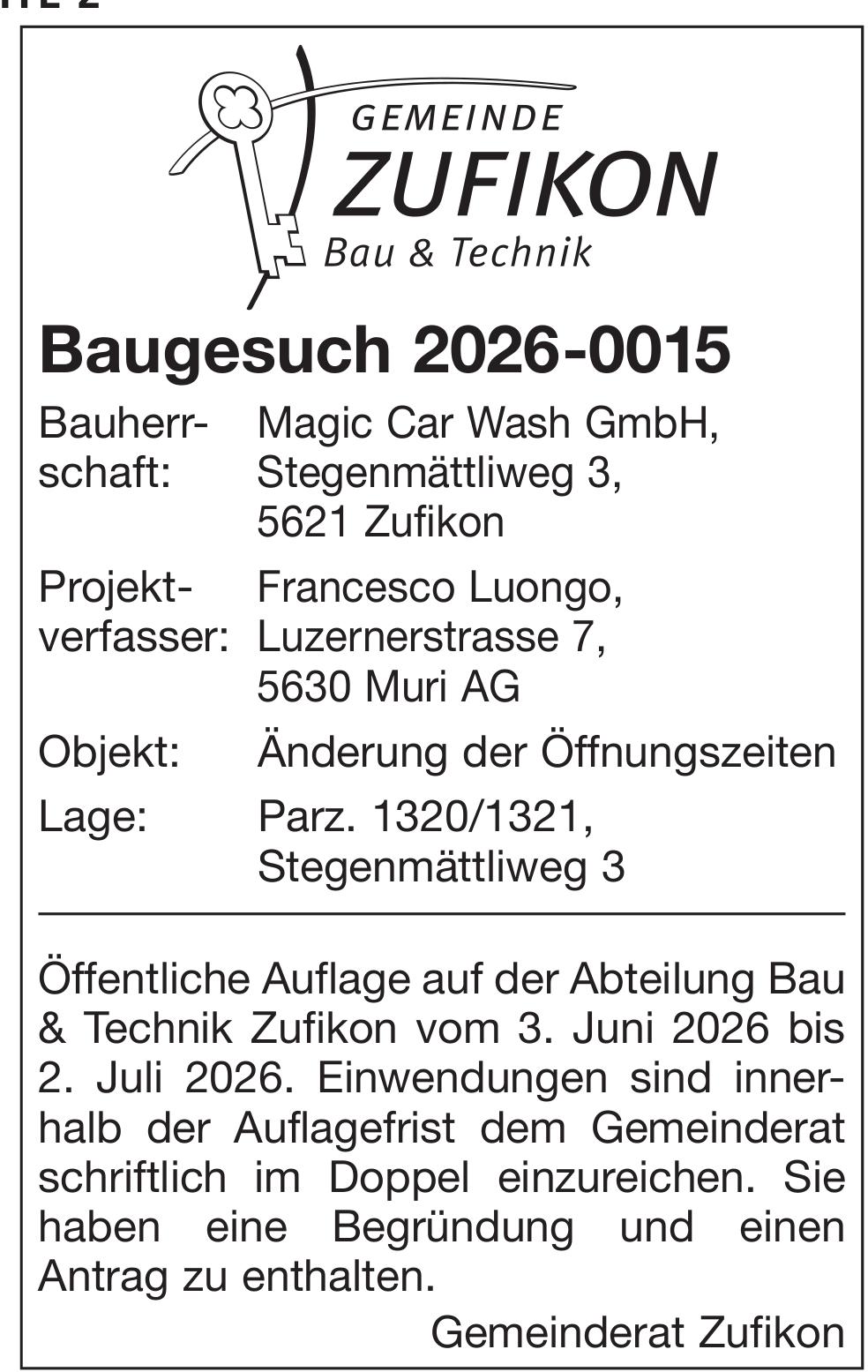 Baugesuche, Gemeinderat Zufikon, Baugesuch 2026-0015