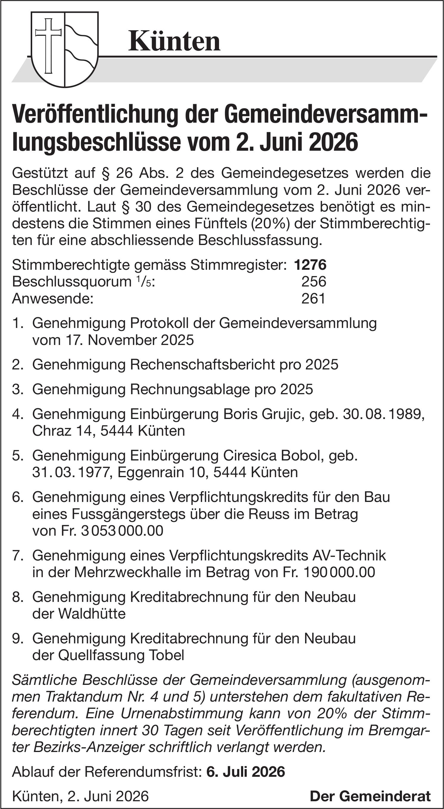 Lokale Gemeinschaft, Künten, Veröffentlichung der Gemeindeversammlungsbeschlüsse vom 2. Juni 2026