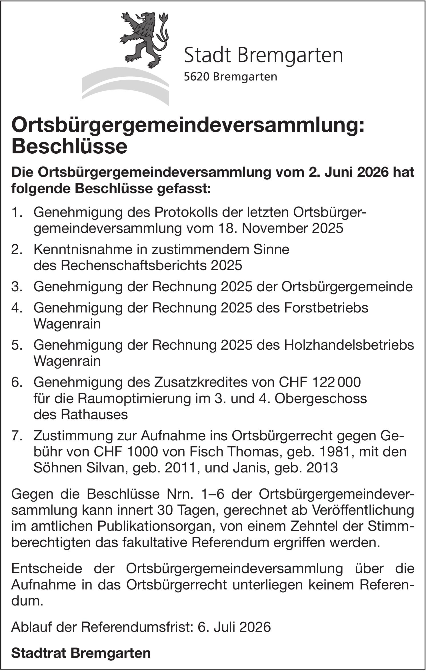 Lokale Gemeinschaft, Stadt Bremgarten, Ortsbürgergemeindeversammlung: Beschlüsse