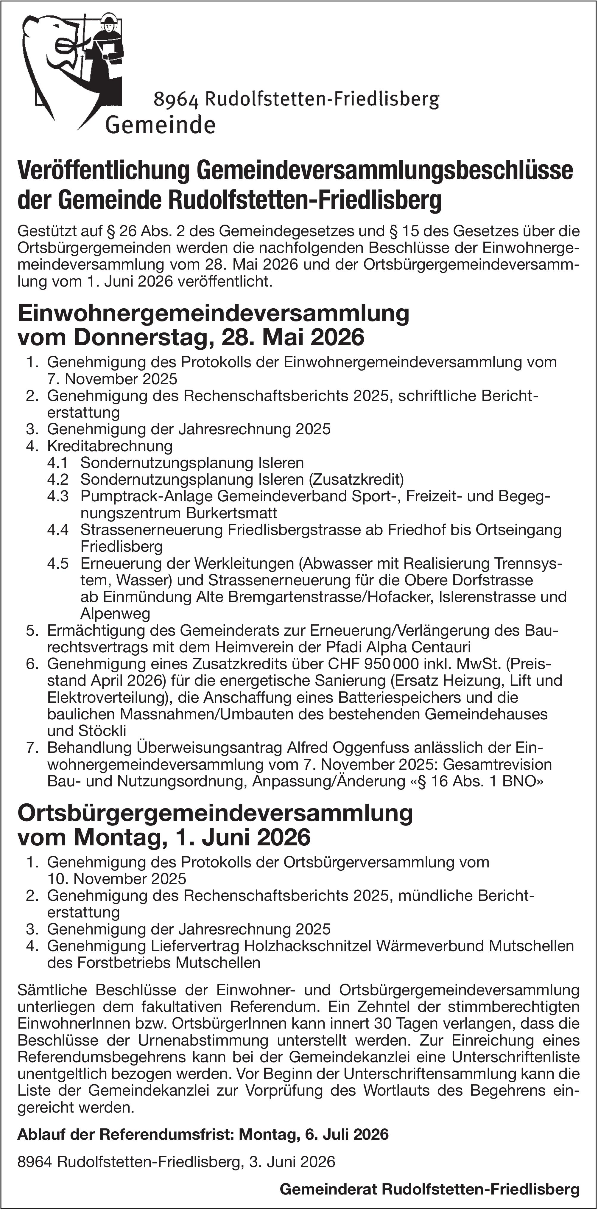 Lokale Gemeinschaft, Rudolfstetten-Friedlisberg, Veröffentlichung Gemeindeversammlungsbeschlüsse Einwohnergemeindeversammlung, 28. Mai / Ortsbürgergemeindeversammlung, 1. Juni