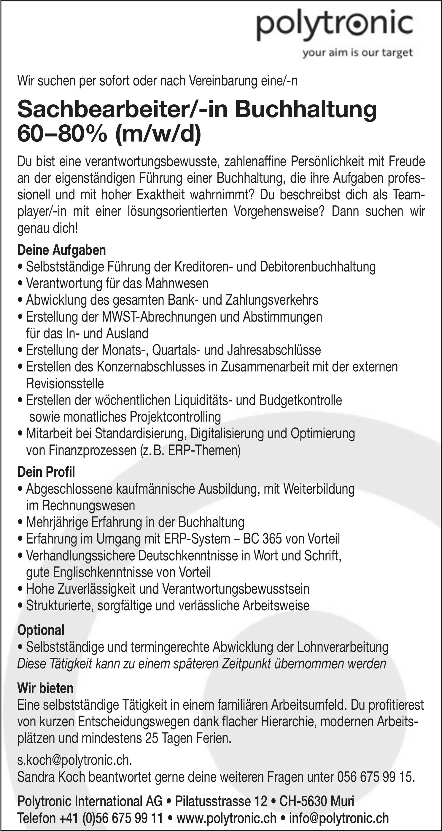 Sachbearbeiter/-in Buchhaltung 60–80% (m/w/d), Polytronic International AG, Muri, Gesucht
