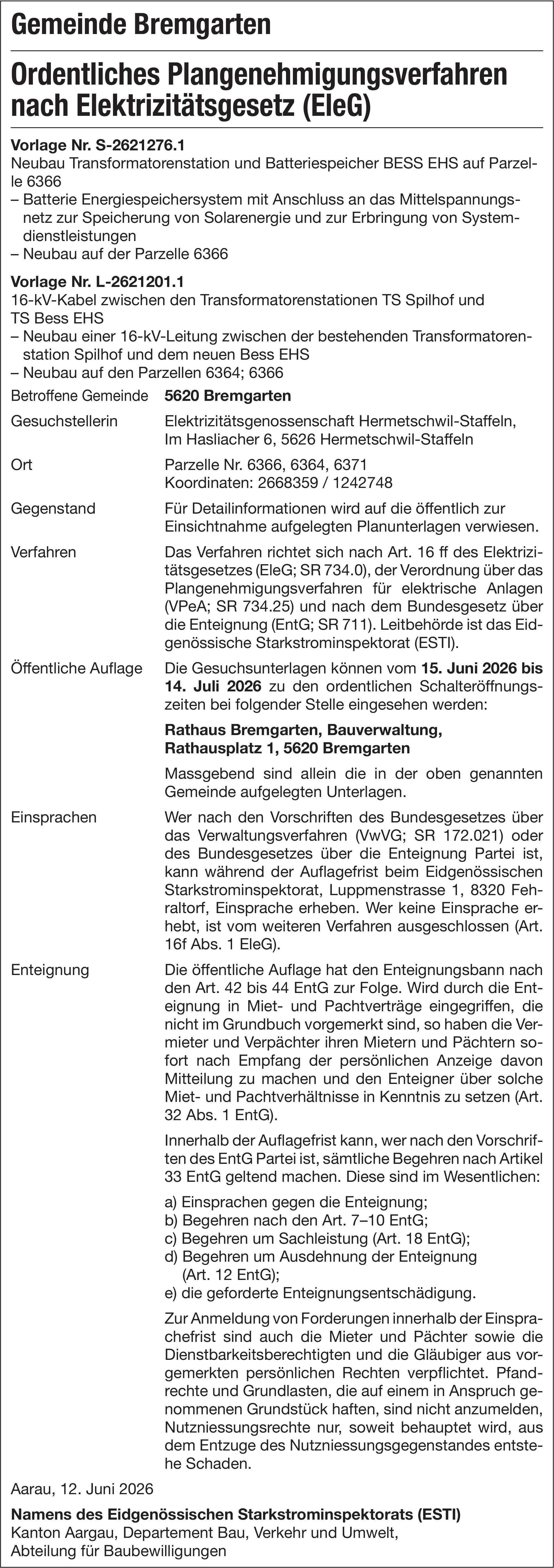 Sonstiges, Bremgarten - Gemeinde Bremgarten, Ordentliches Plangenehmigungsverfahren nach Elektrizitätsgesetz (EleG)