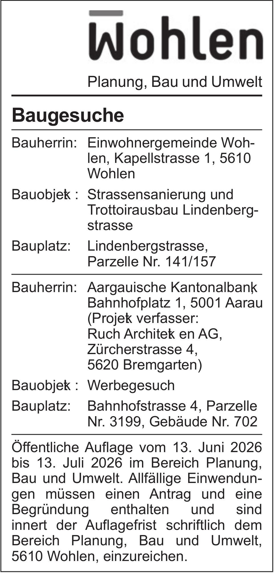 Baugesuche, Wohlen - Bauherrin: Einwohnergemeinde Wohlen