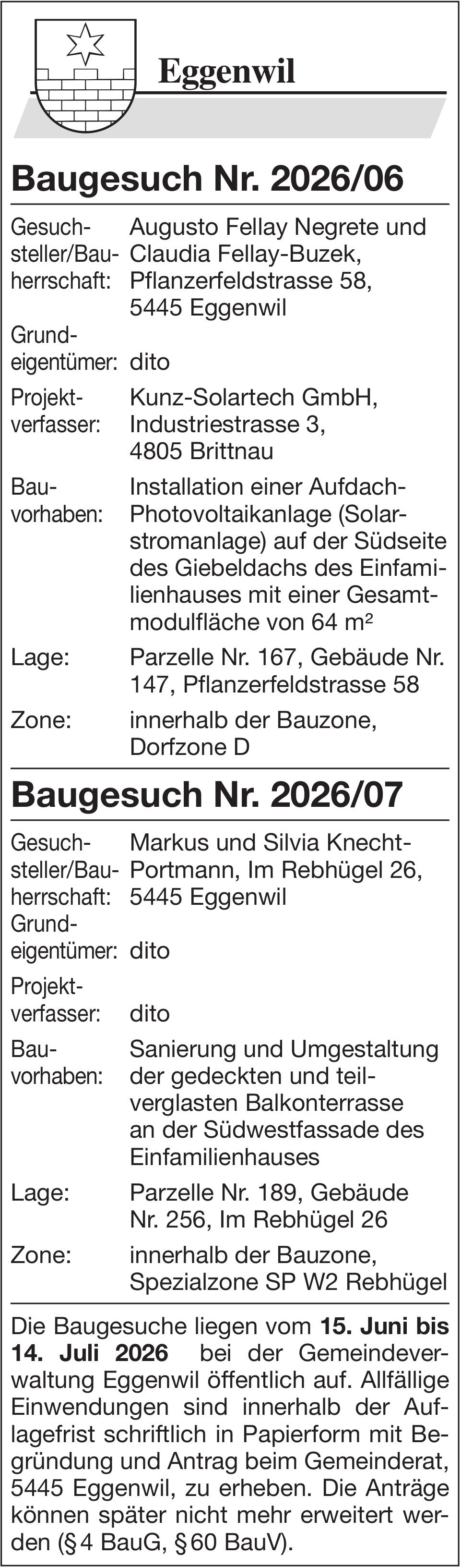 Baugesuche, Eggenwil - Baugesuche Nr. 2026/06 & Nr. 2026/07