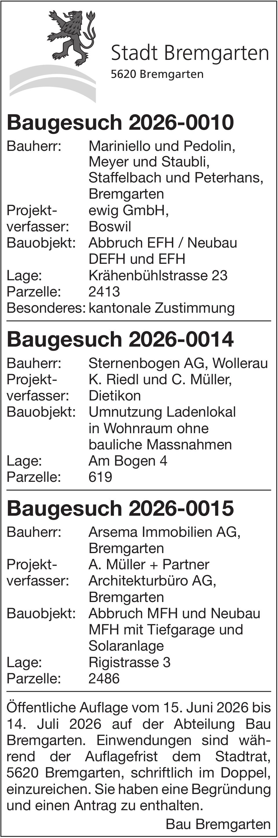 Baugesuche, Stadt Bremgarten, Baugesuche 2026-0010 / 2026-0014 / 2026-0015